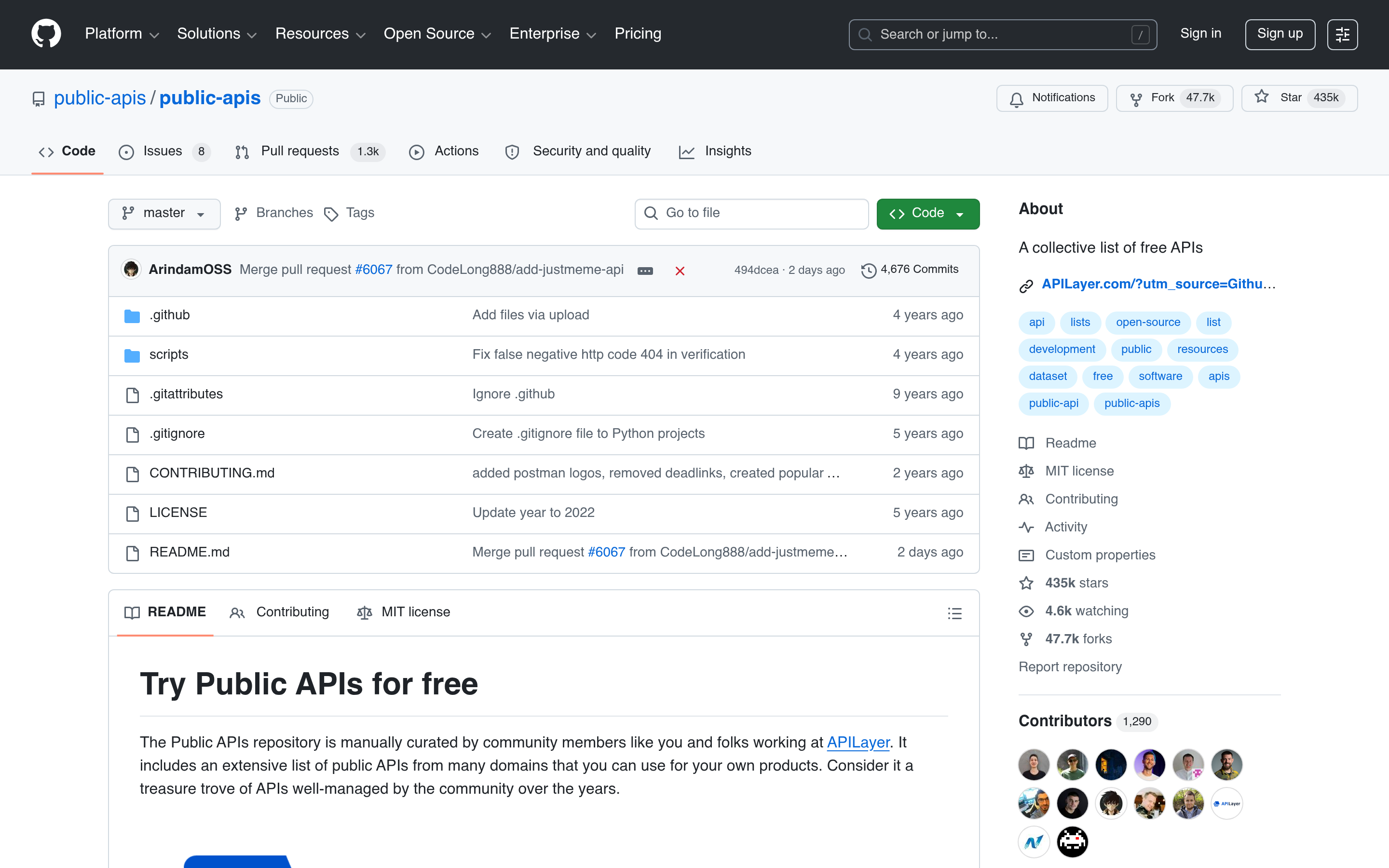 GitHub - public-apis/public-apis: A collective list of free APIs · GitHub 介面截圖