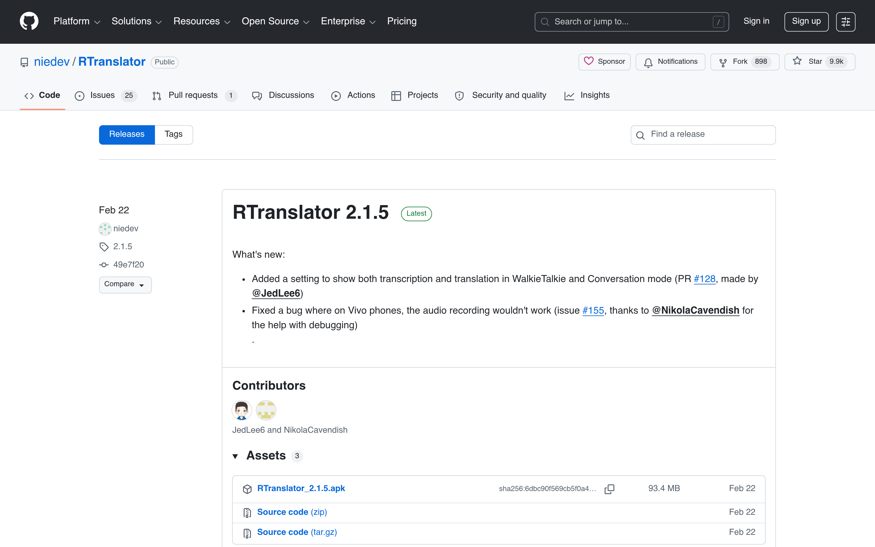 Releases · niedev/RTranslator · GitHub 介面截圖