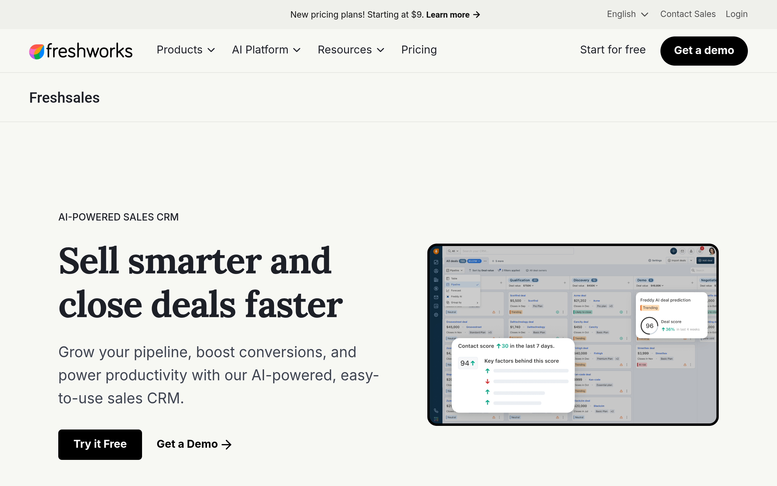 Screenshot of the Freshsales homepage