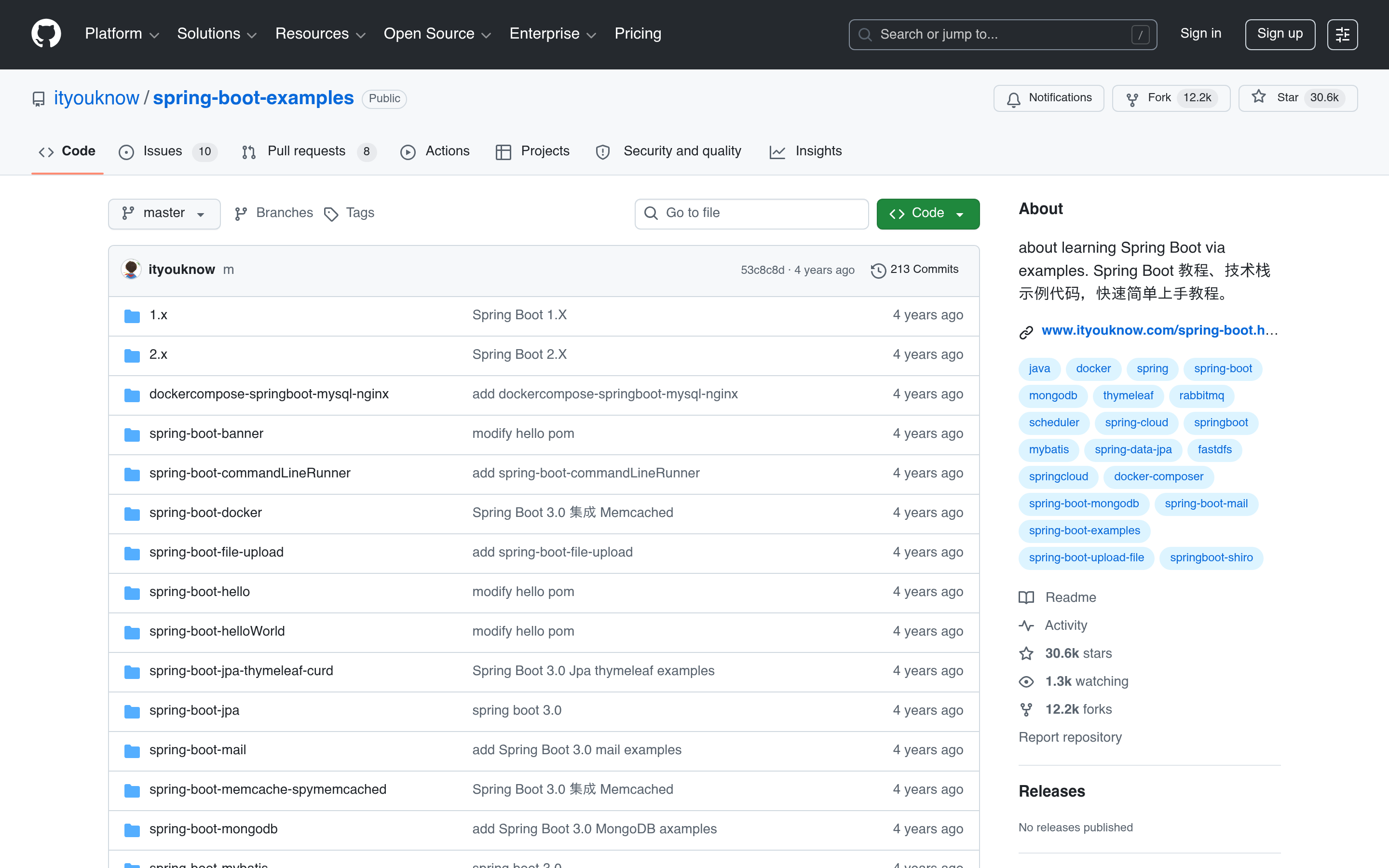 GitHub - ityouknow/spring-boot-examples: about learning Spring Boot via examples. Spring Boot 教程、技术栈示例代码，快速简单上手教程。 · GitHub 介面截圖