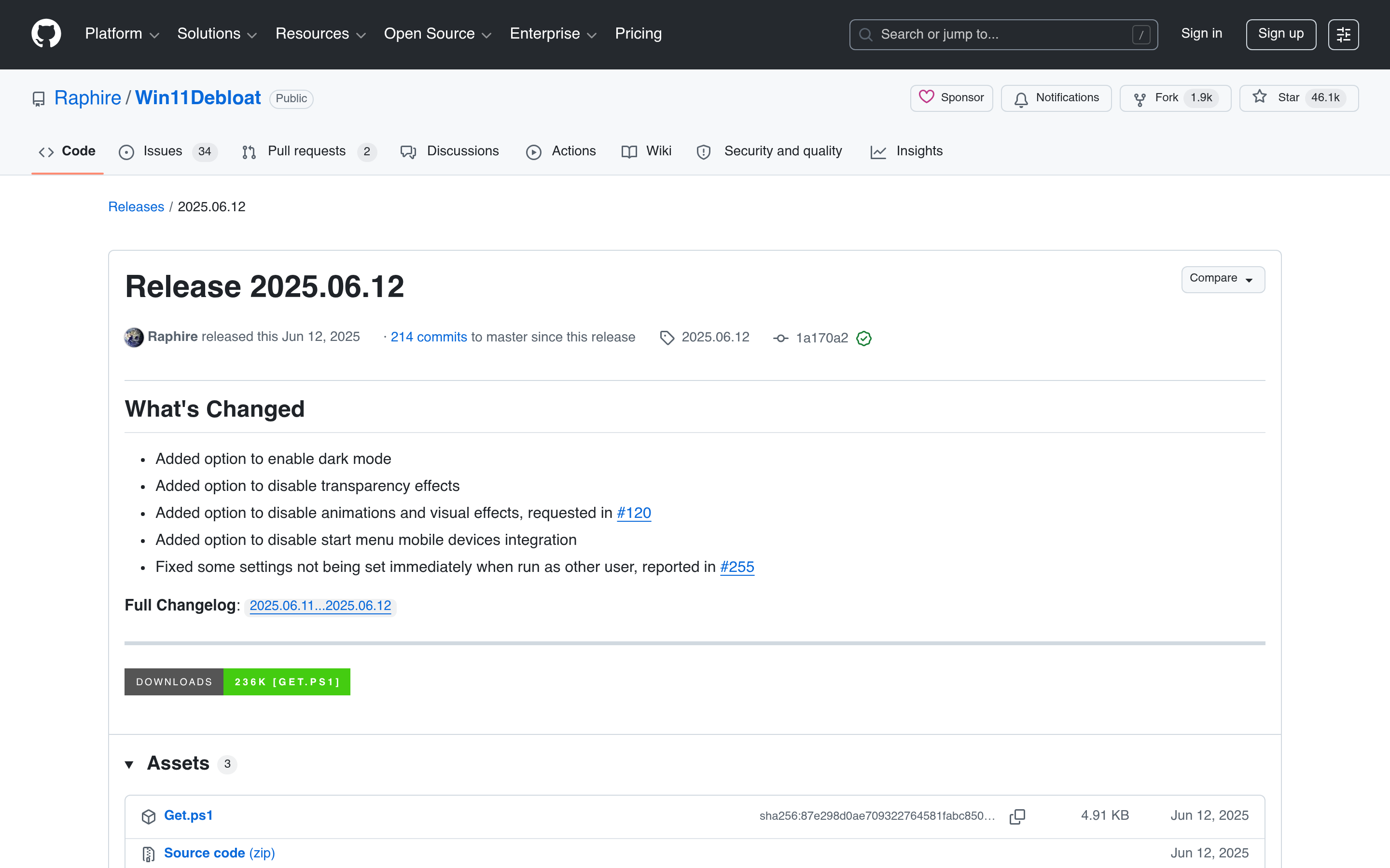 Release Release 2025.06.12 · Raphire/Win11Debloat · GitHub 介面截圖