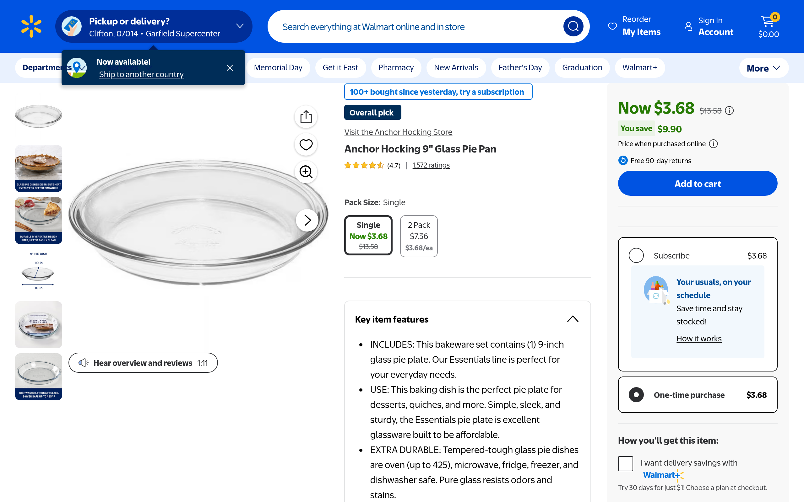 Anchor Hocking 9″ Glass Pie Pan .68