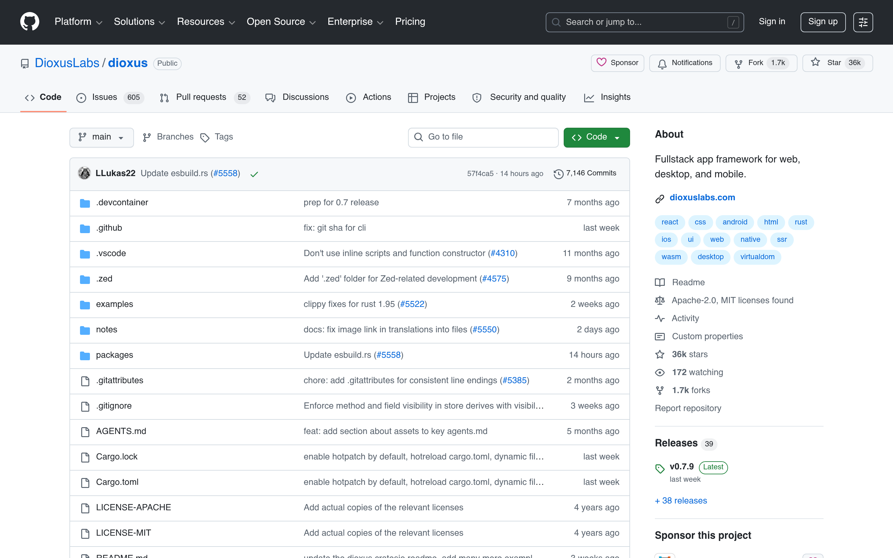 GitHub - DioxusLabs/dioxus: Fullstack app framework for web, desktop, and mobile. · GitHub 介面截圖