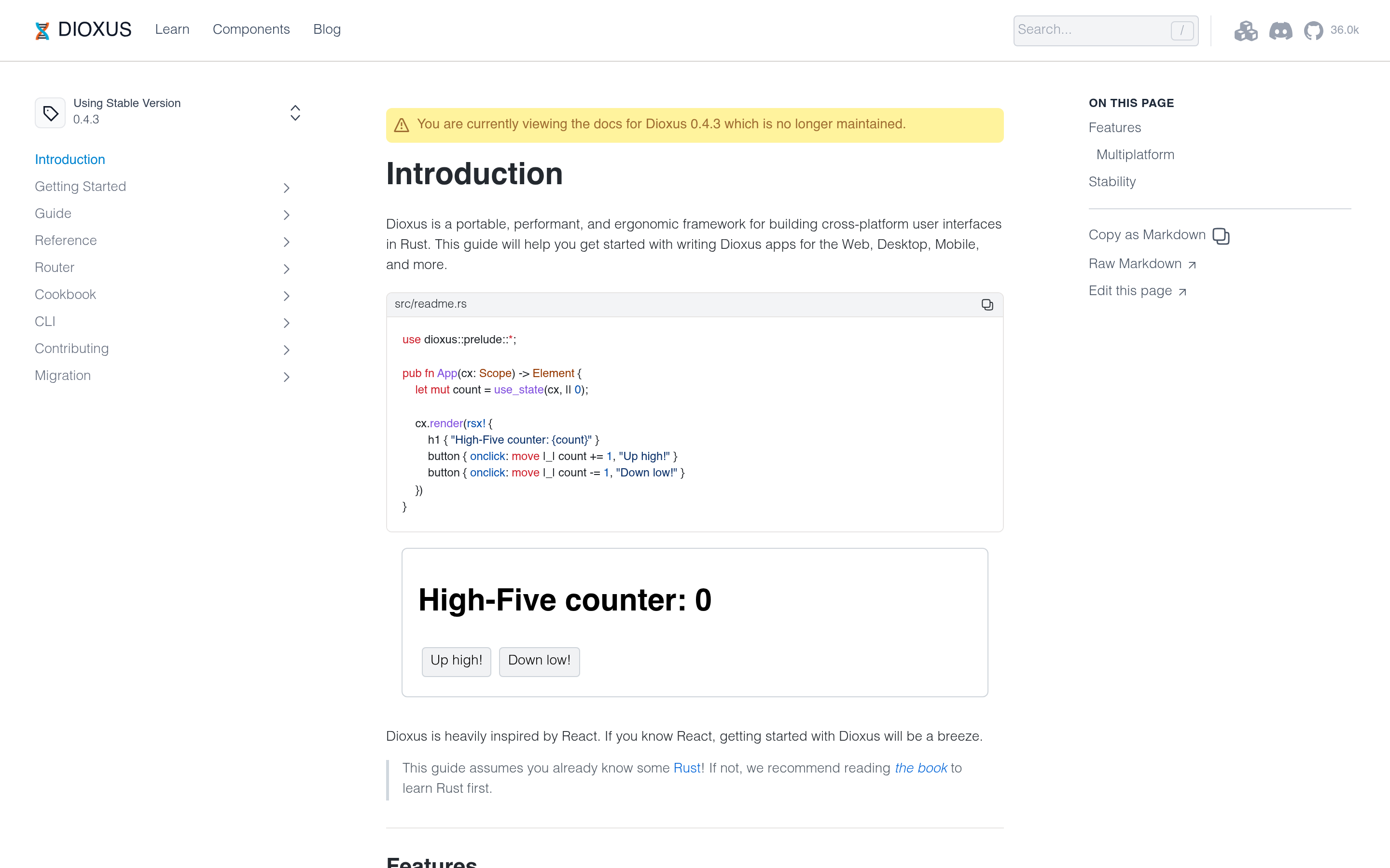 Dioxus | Fullstack crossplatform app framework for Rust 介面截圖