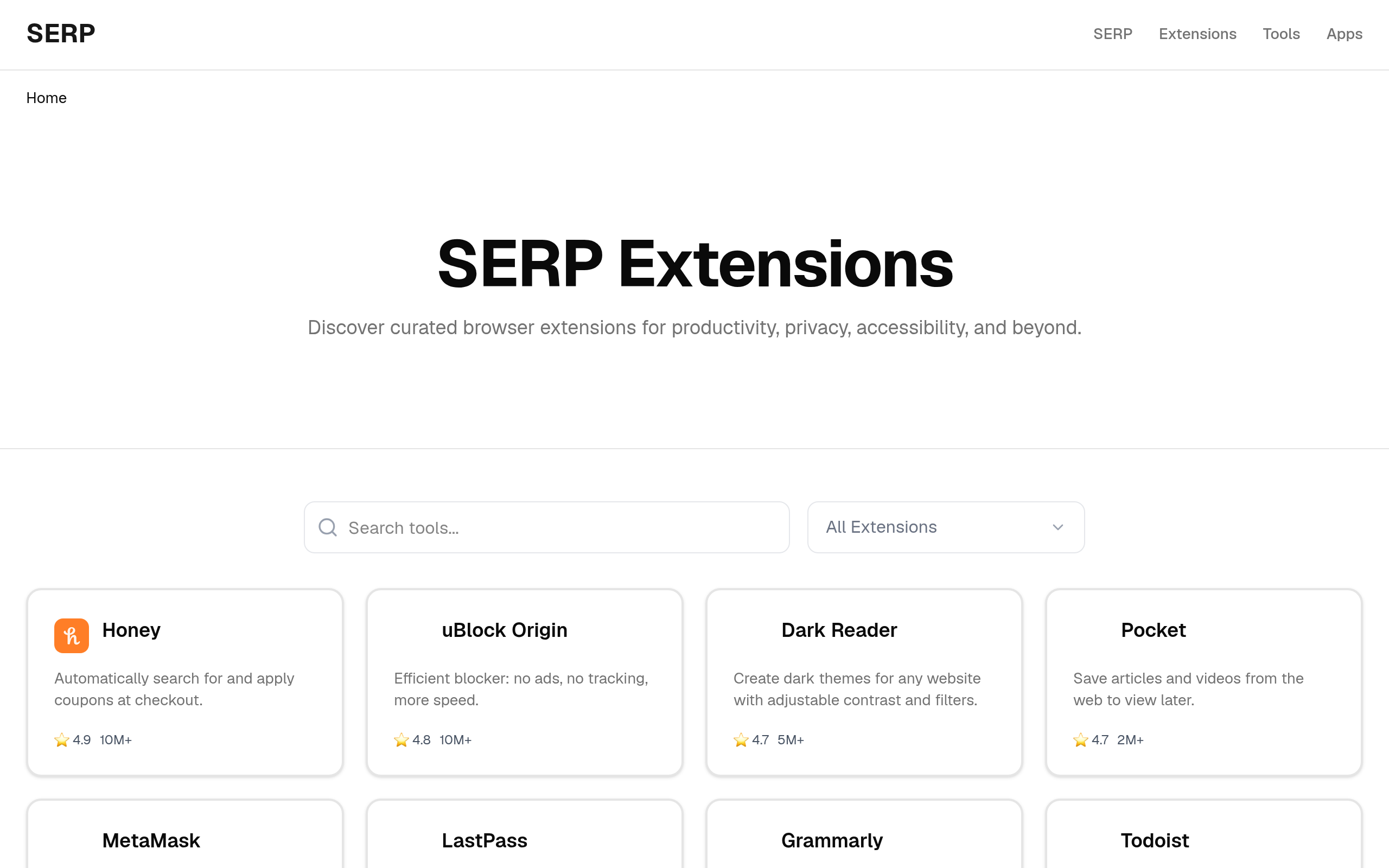 SERP Extensions homepage preview