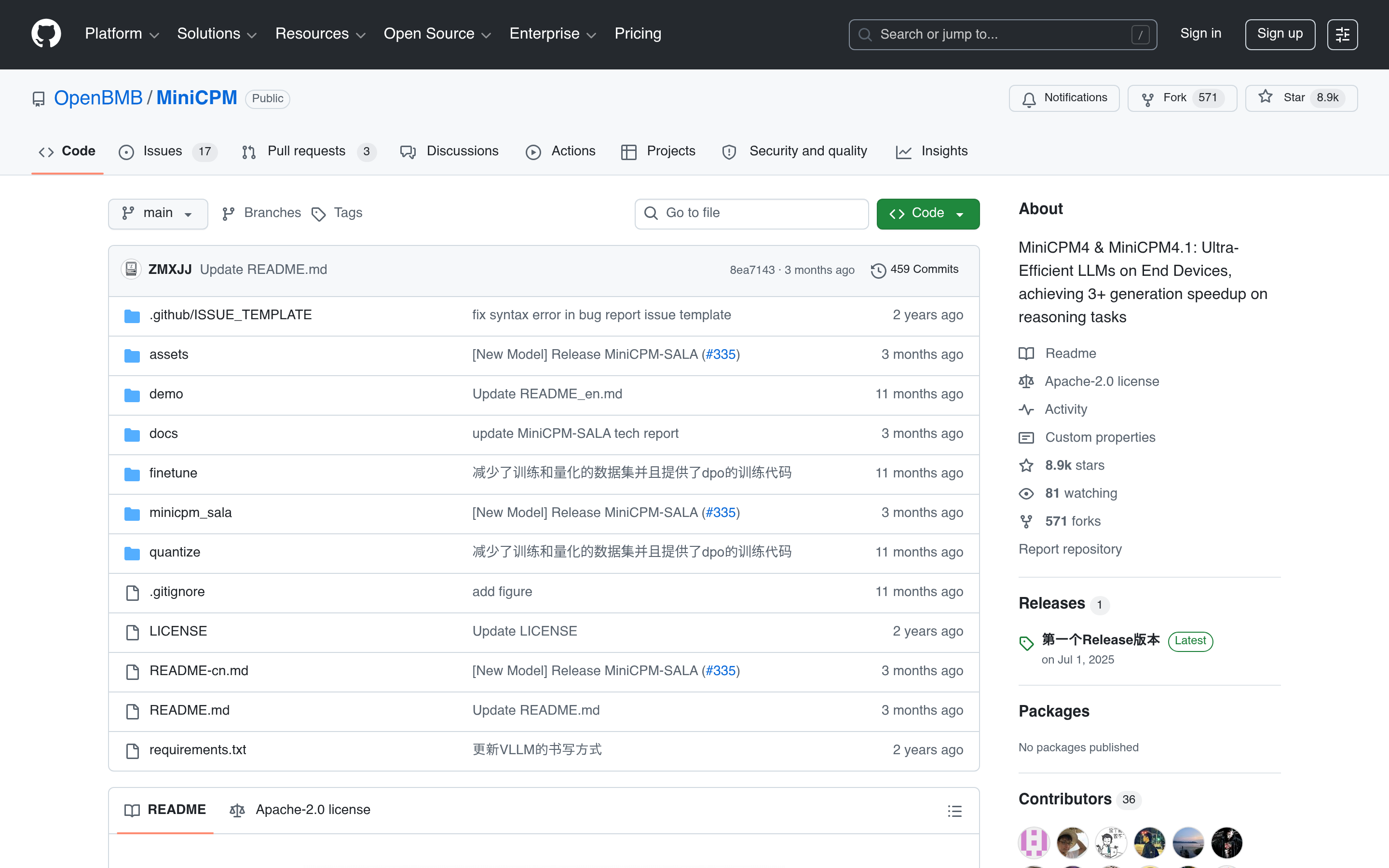 GitHub - OpenBMB/MiniCPM: MiniCPM4 & MiniCPM4.1: Ultra-Efficient LLMs on End Devices, achieving 3+ generation speedup on reasoning tasks · GitHub 介面截圖