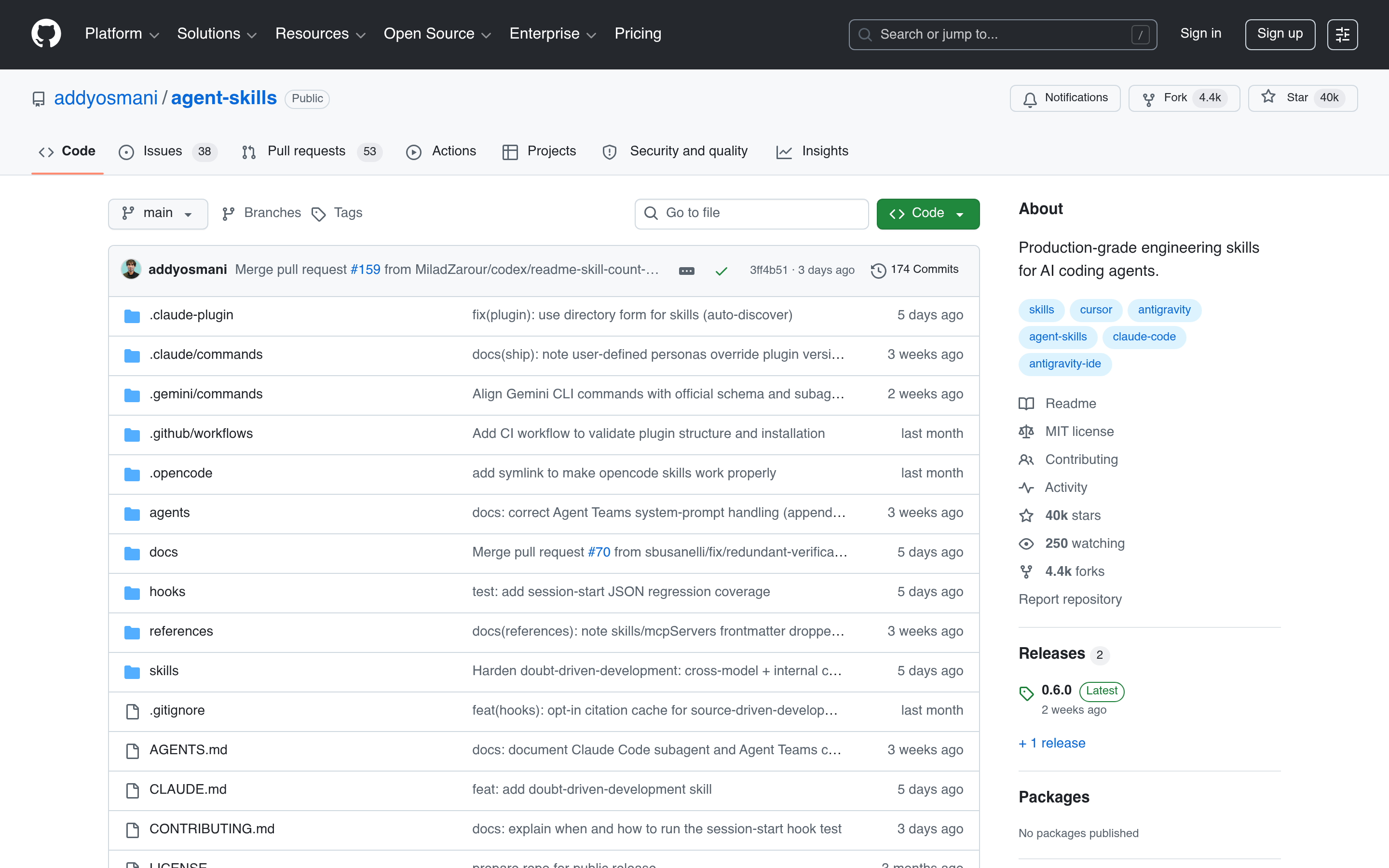 GitHub - addyosmani/agent-skills: Production-grade engineering skills for AI coding agents. · GitHub 介面截圖