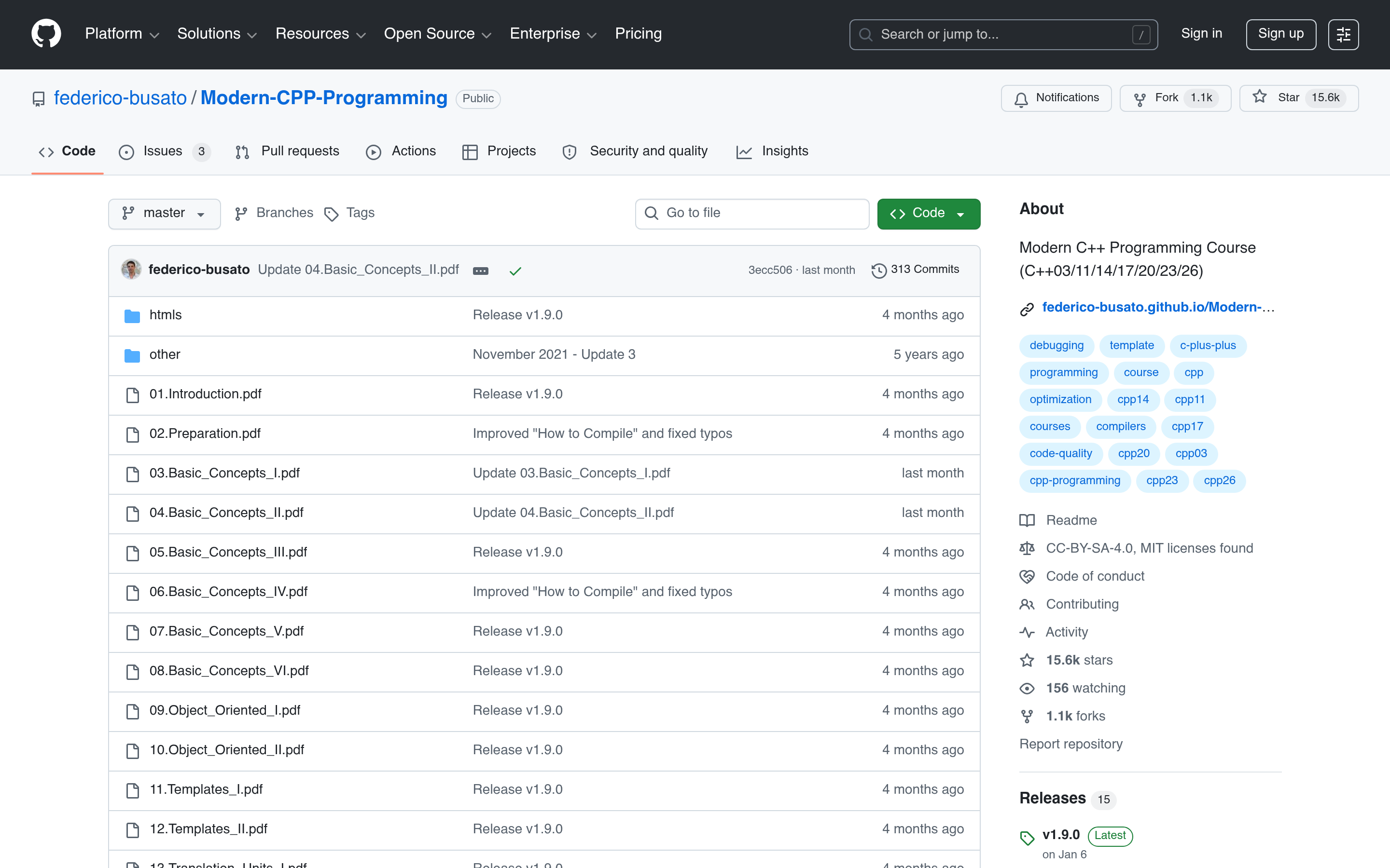 GitHub - federico-busato/Modern-CPP-Programming: Modern C++ Programming Course (C++03/11/14/17/20/23/26) · GitHub 介面截圖