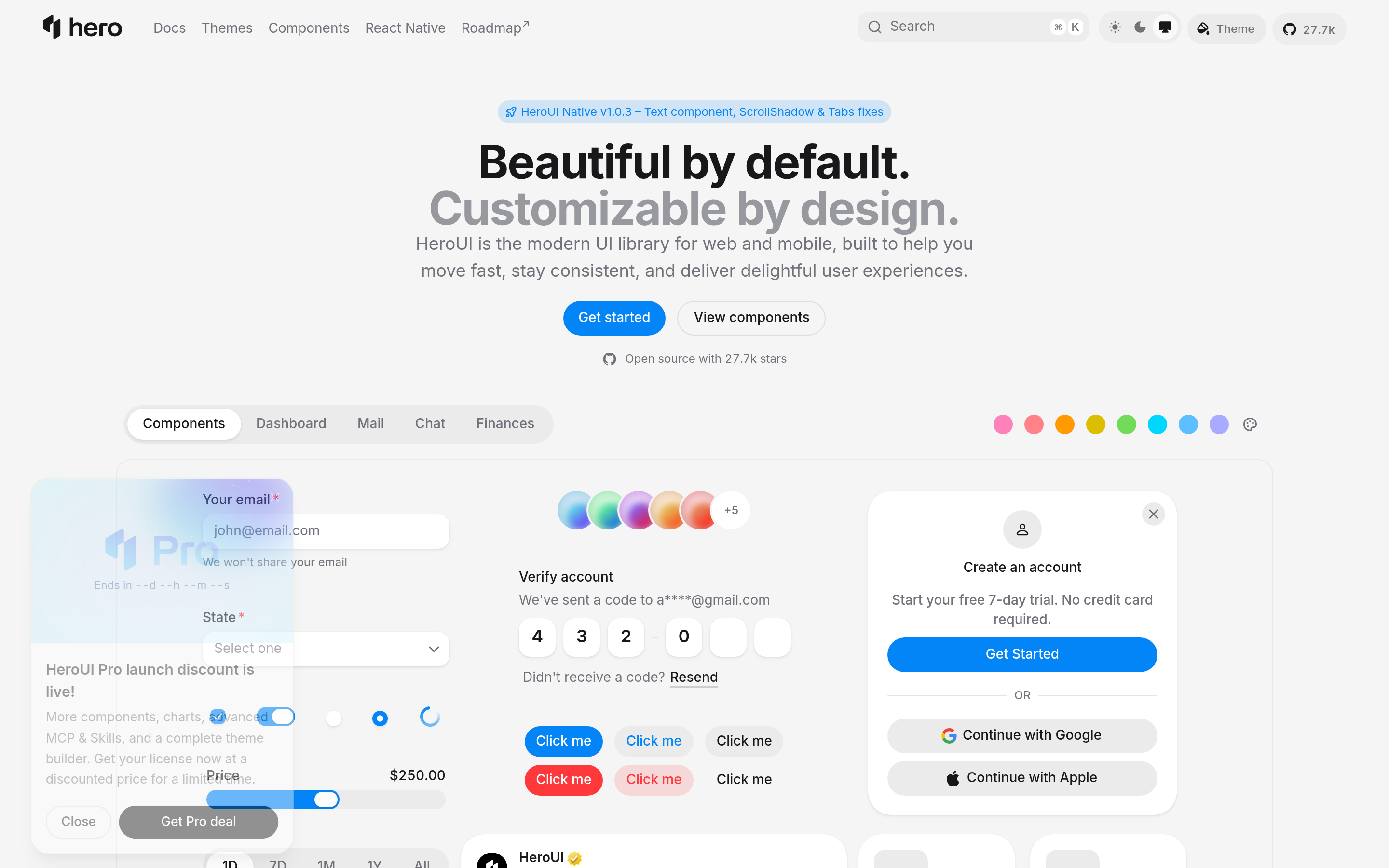 HeroUI v3 (Previously NextUI) - Beautiful by default, customizable by design. 介面截圖