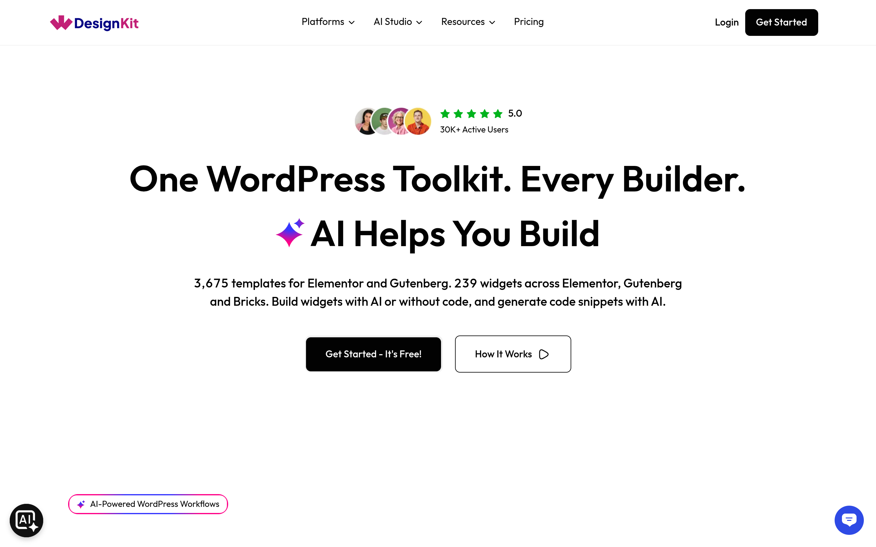 WDesignKit template library homepage showing ready-made section and page designs