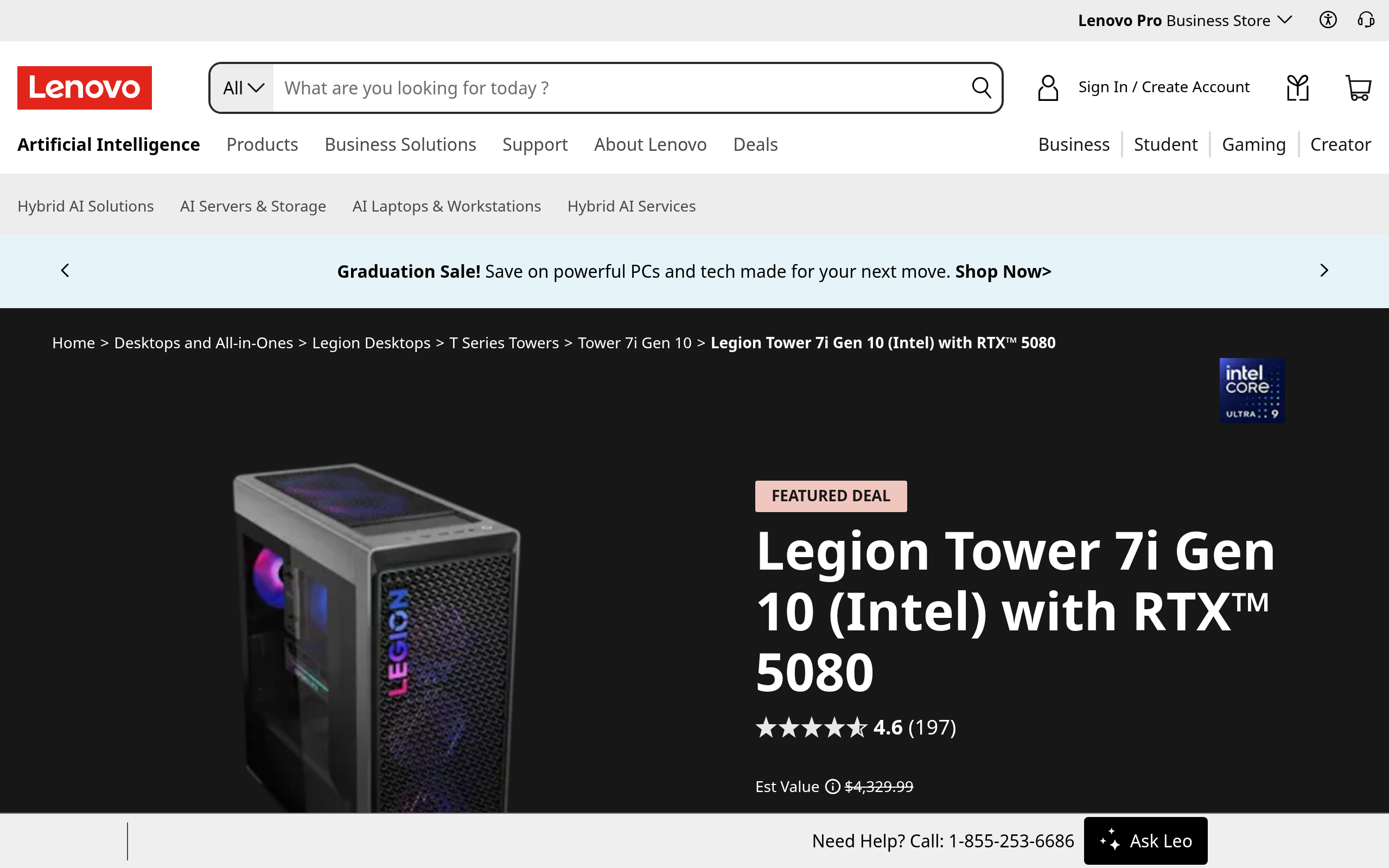 Lenovo Legion Tower 7i Gen 10 Intel Core Ultra 7 265K Gaming Desktop w/ NVIDIA GeForce RTX 5080 17.99