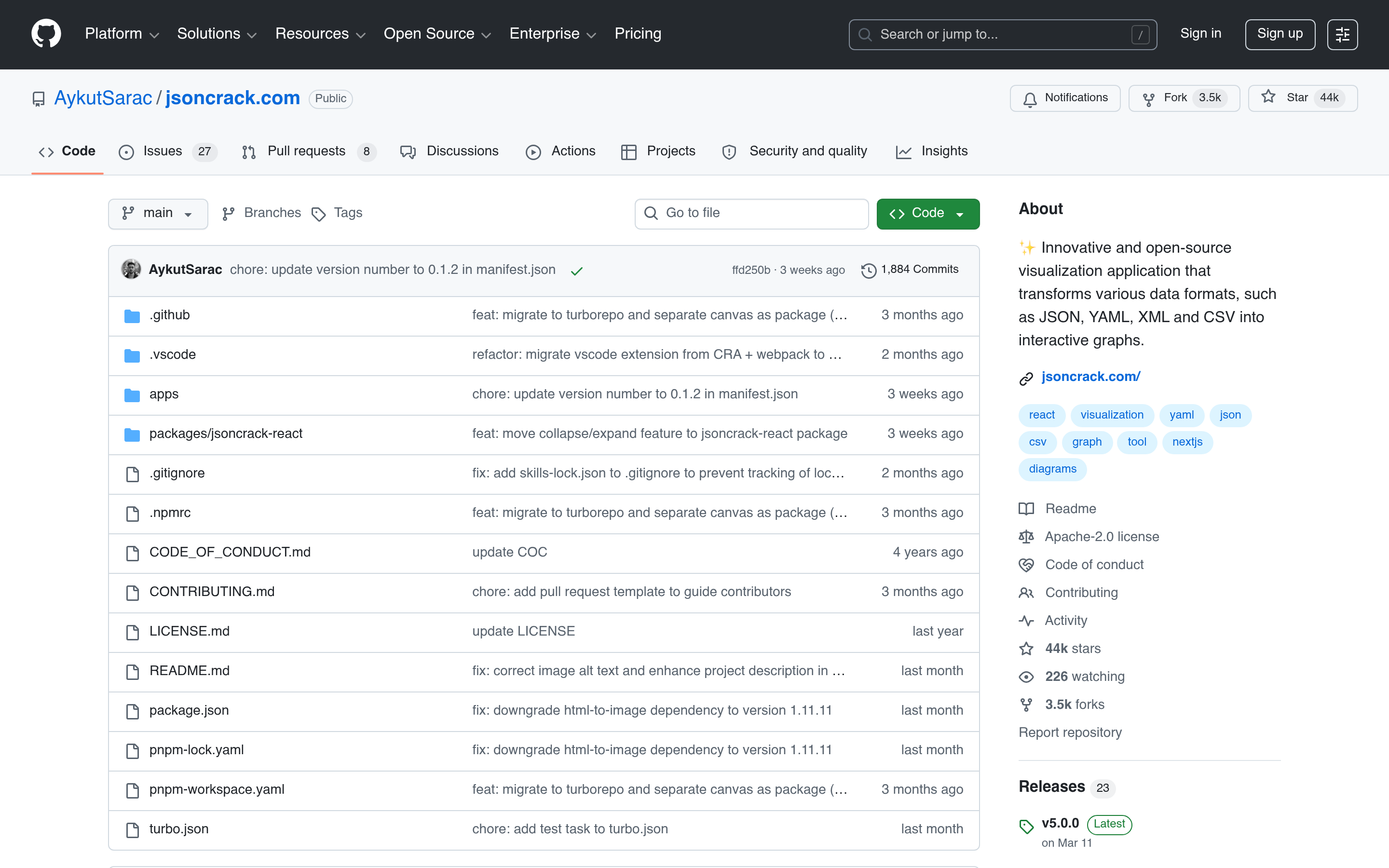GitHub - AykutSarac/jsoncrack.com: ✨ Innovative and open-source visualization application that transforms various data formats, such as JSON, YAML, XML and CSV into interactive graphs. · GitHub 介面截圖