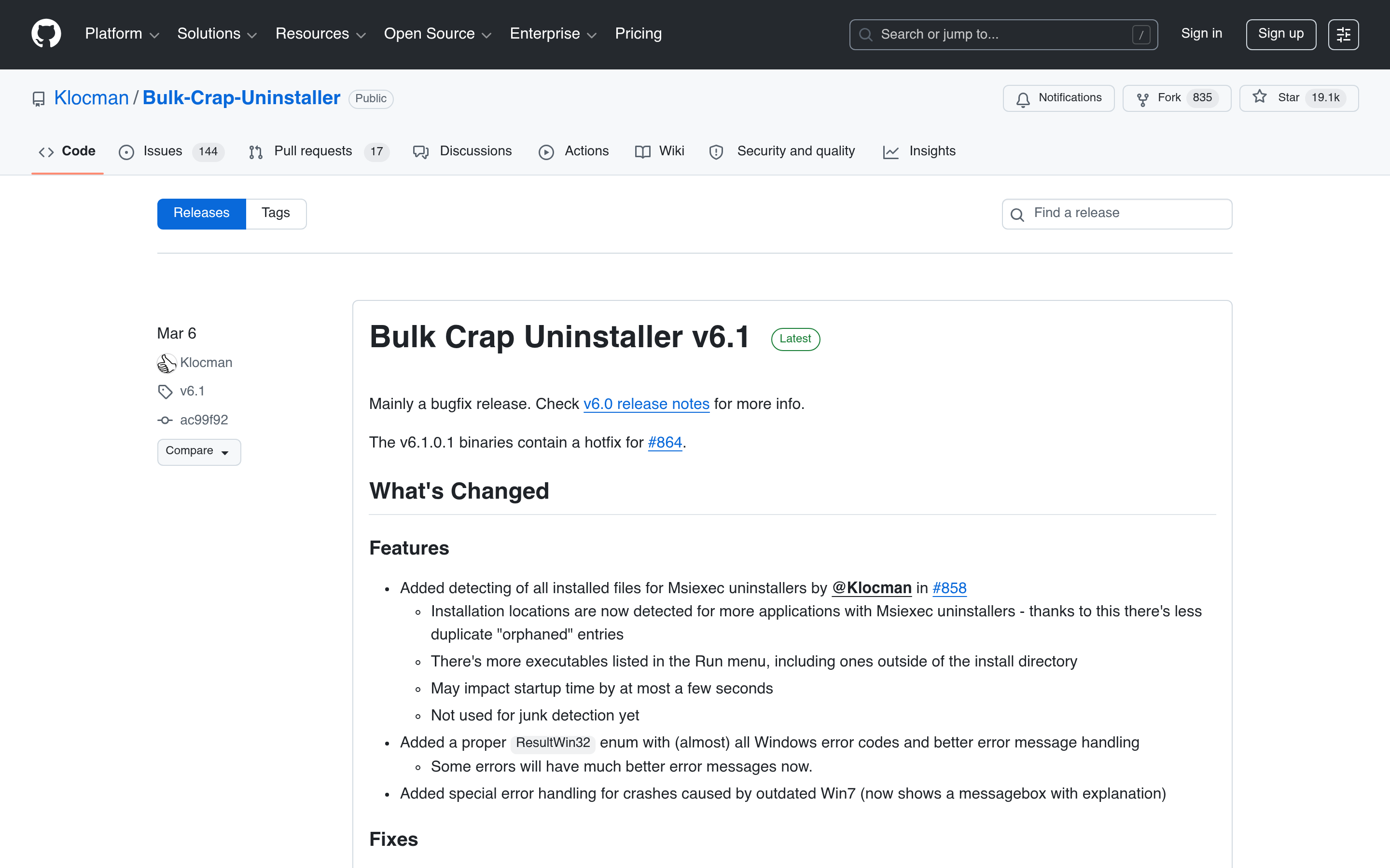 Releases · Klocman/Bulk-Crap-Uninstaller · GitHub 介面截圖