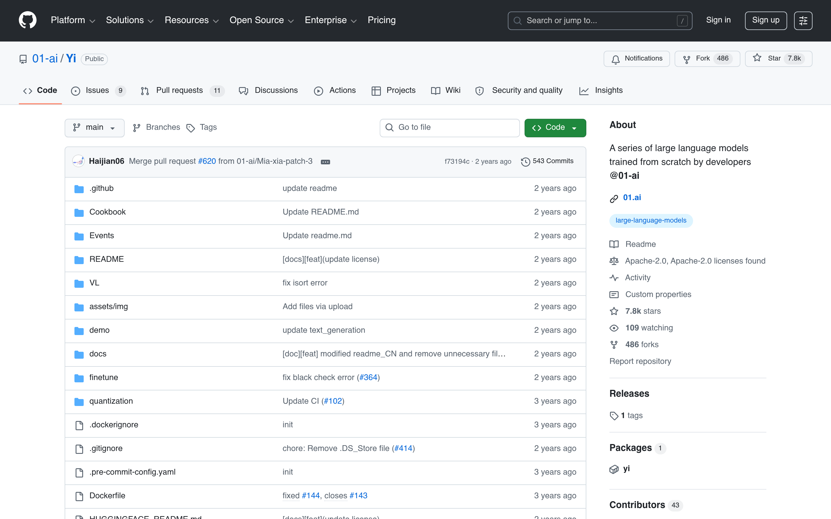 GitHub - 01-ai/Yi: A series of large language models trained from scratch by developers @01-ai · GitHub 介面截圖