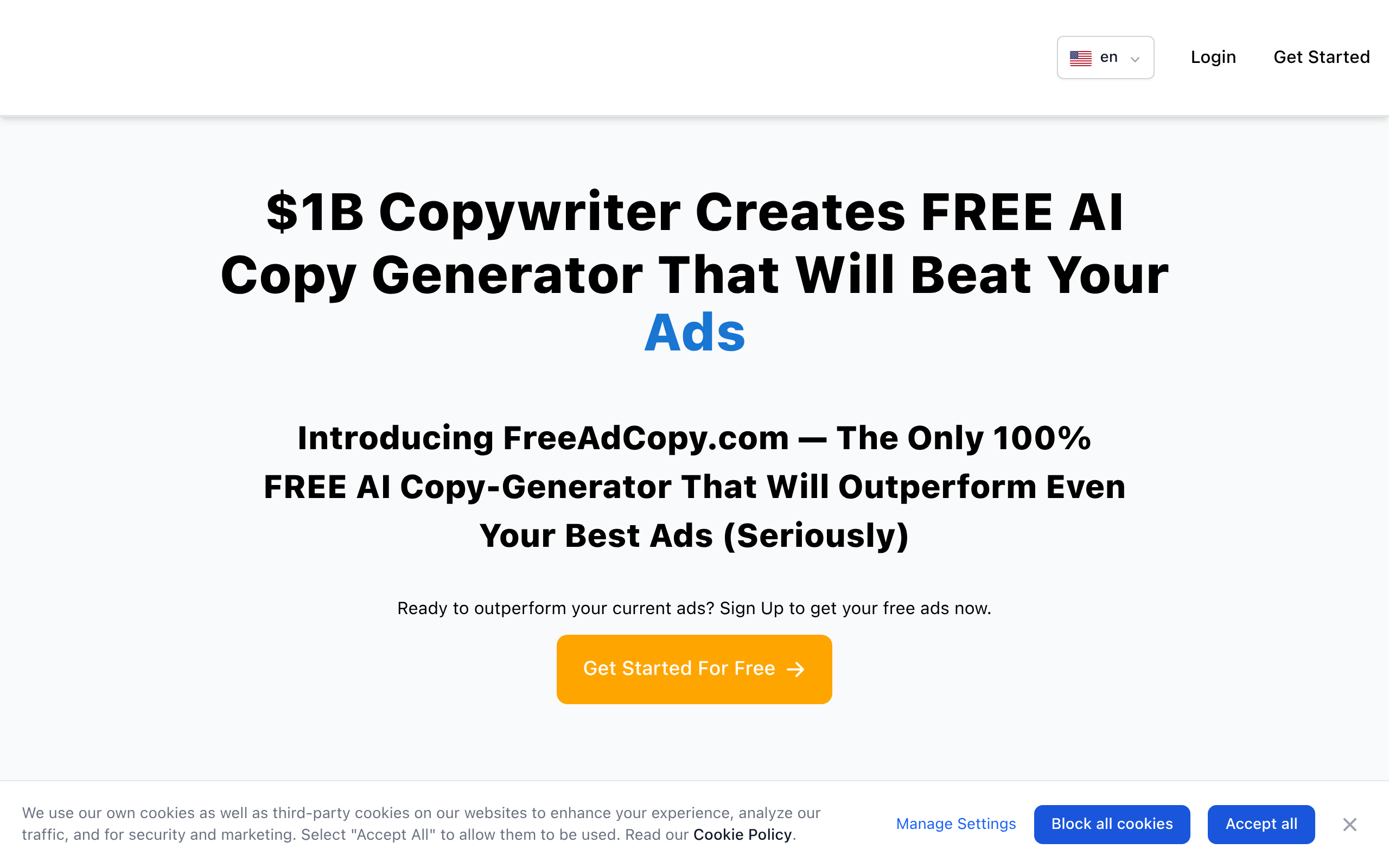 Screen capture of the FreeAdCopy AI Copy Generator website