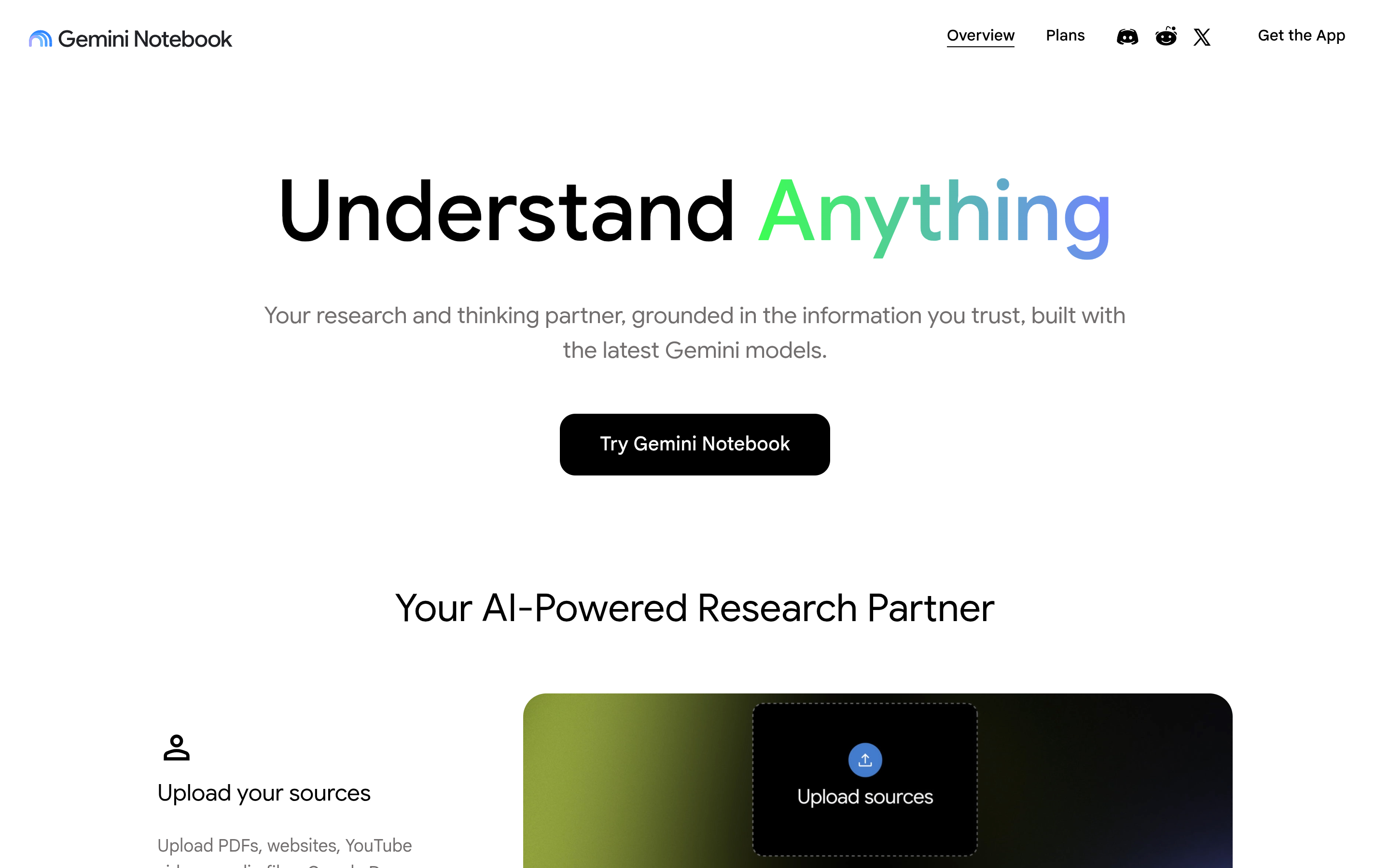 NotebookLM product page showing its Upload your sources research workflow