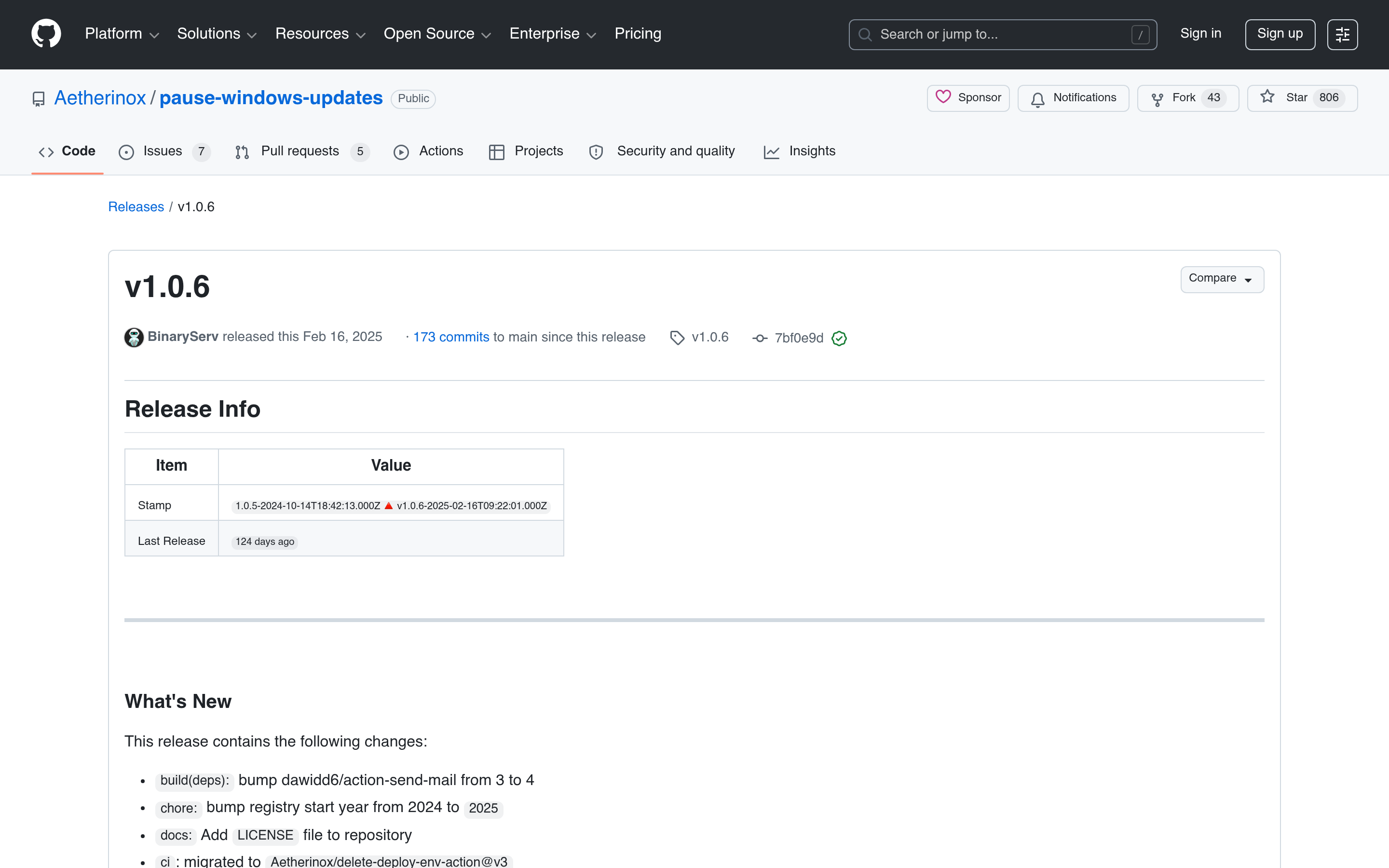 Release v1.0.6 · Aetherinox/pause-windows-updates · GitHub 介面截圖