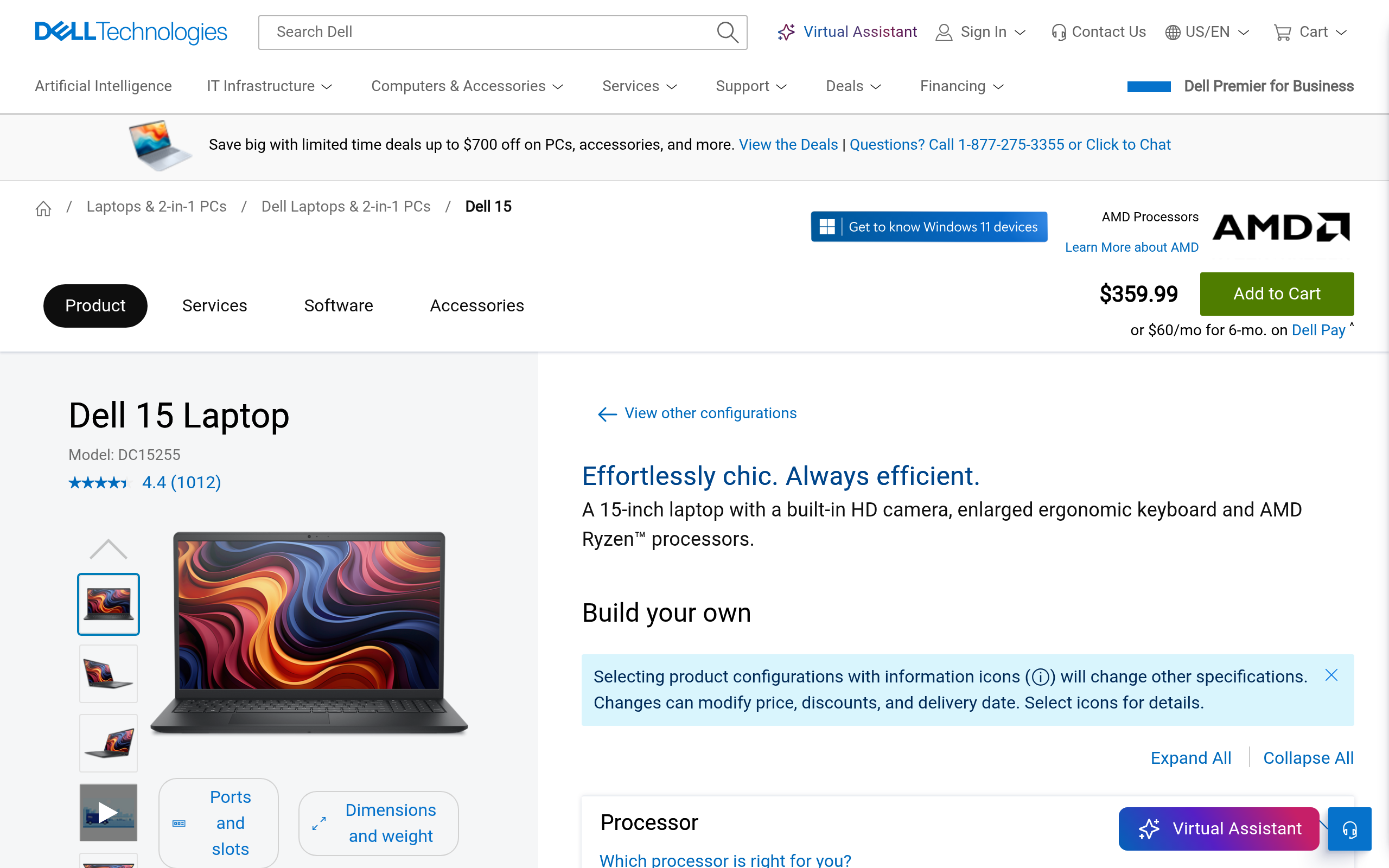 Dell 15 (formerly Inspiron 15 3000) AMD Ryzen 5 7520U 15.6″ 120Hz 1080p Laptop w/ 512GB SSD 9.99