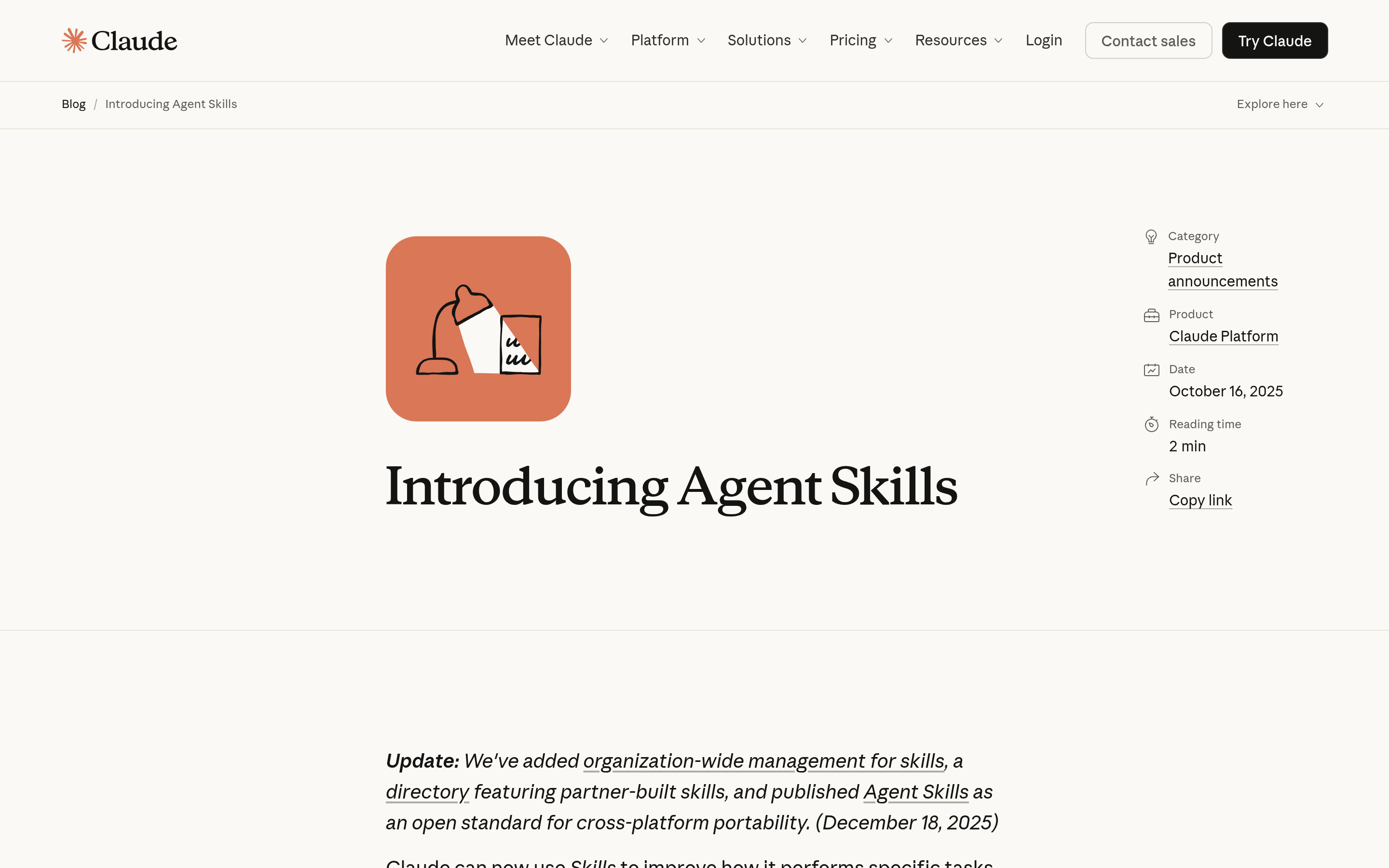Anthropic's announcement page for Claude Skills
