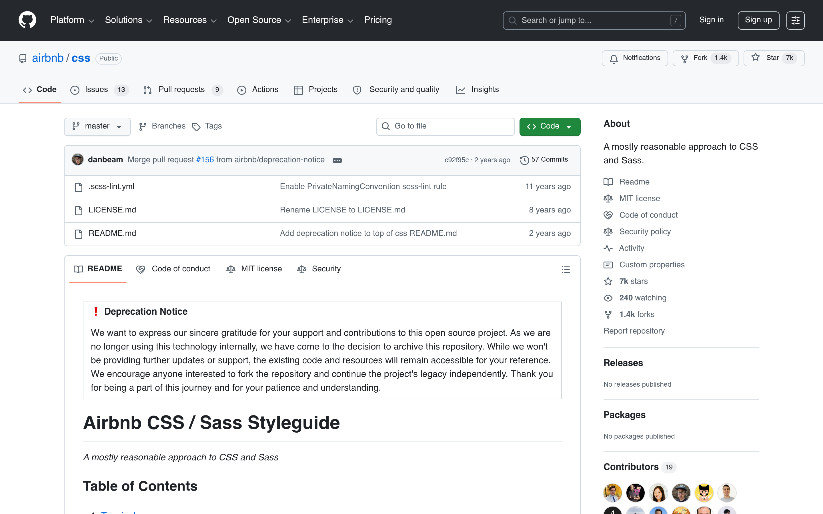 GitHub - airbnb/css: A mostly reasonable approach to CSS and Sass. · GitHub 介面截圖