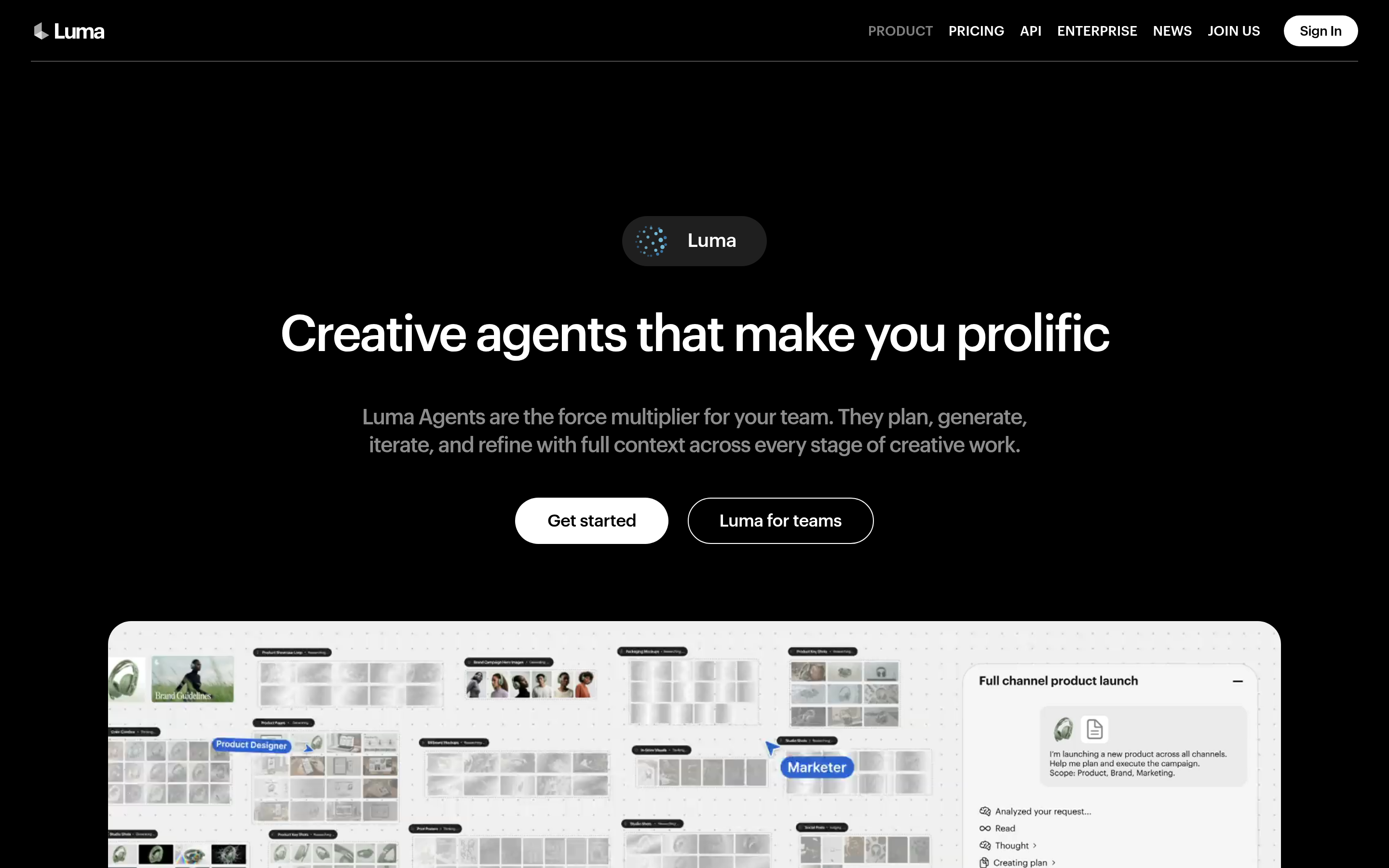 Creative agents that make you prolific | Luma 介面截圖