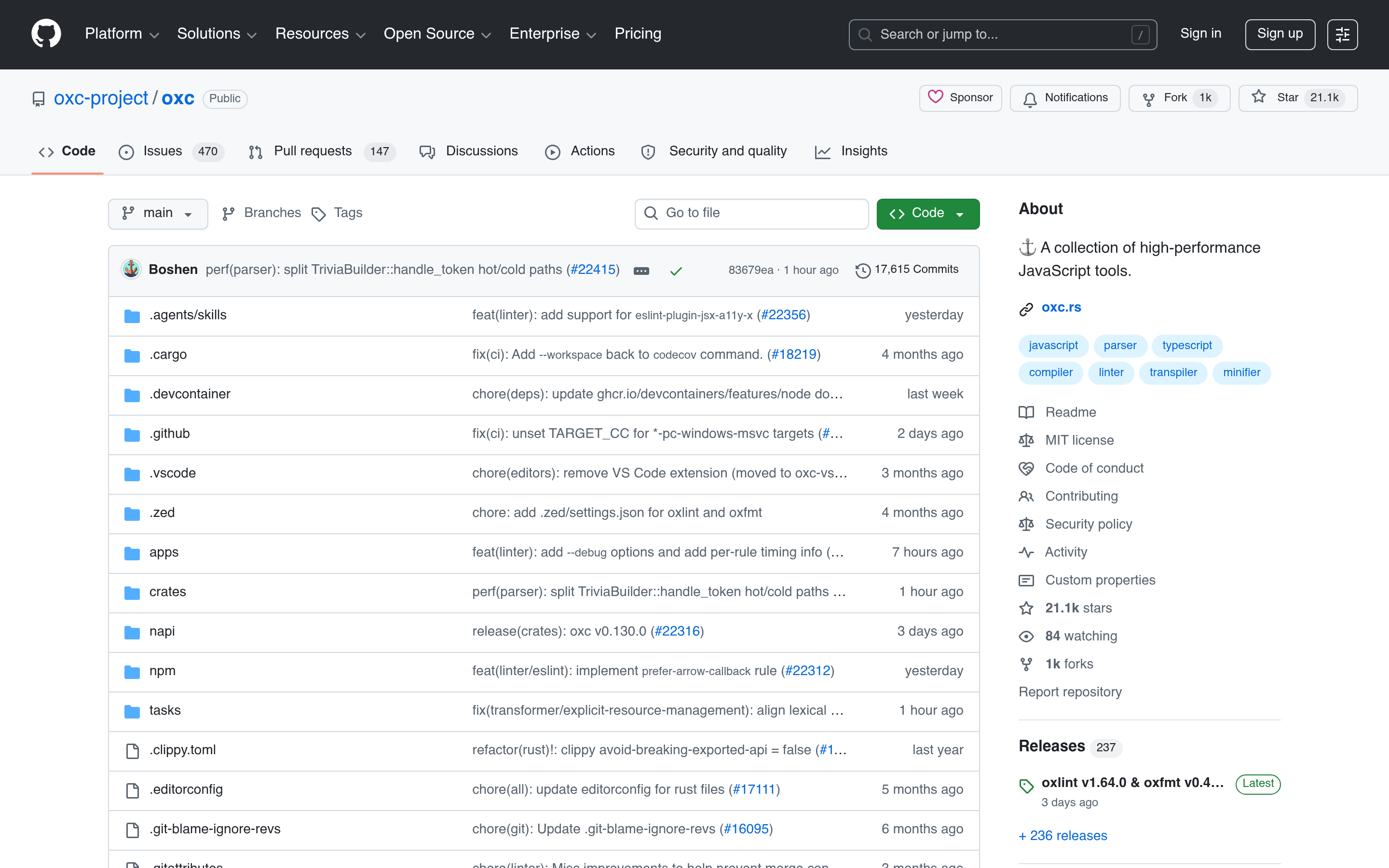 GitHub - oxc-project/oxc: ⚓ A collection of high-performance JavaScript tools. · GitHub 介面截圖