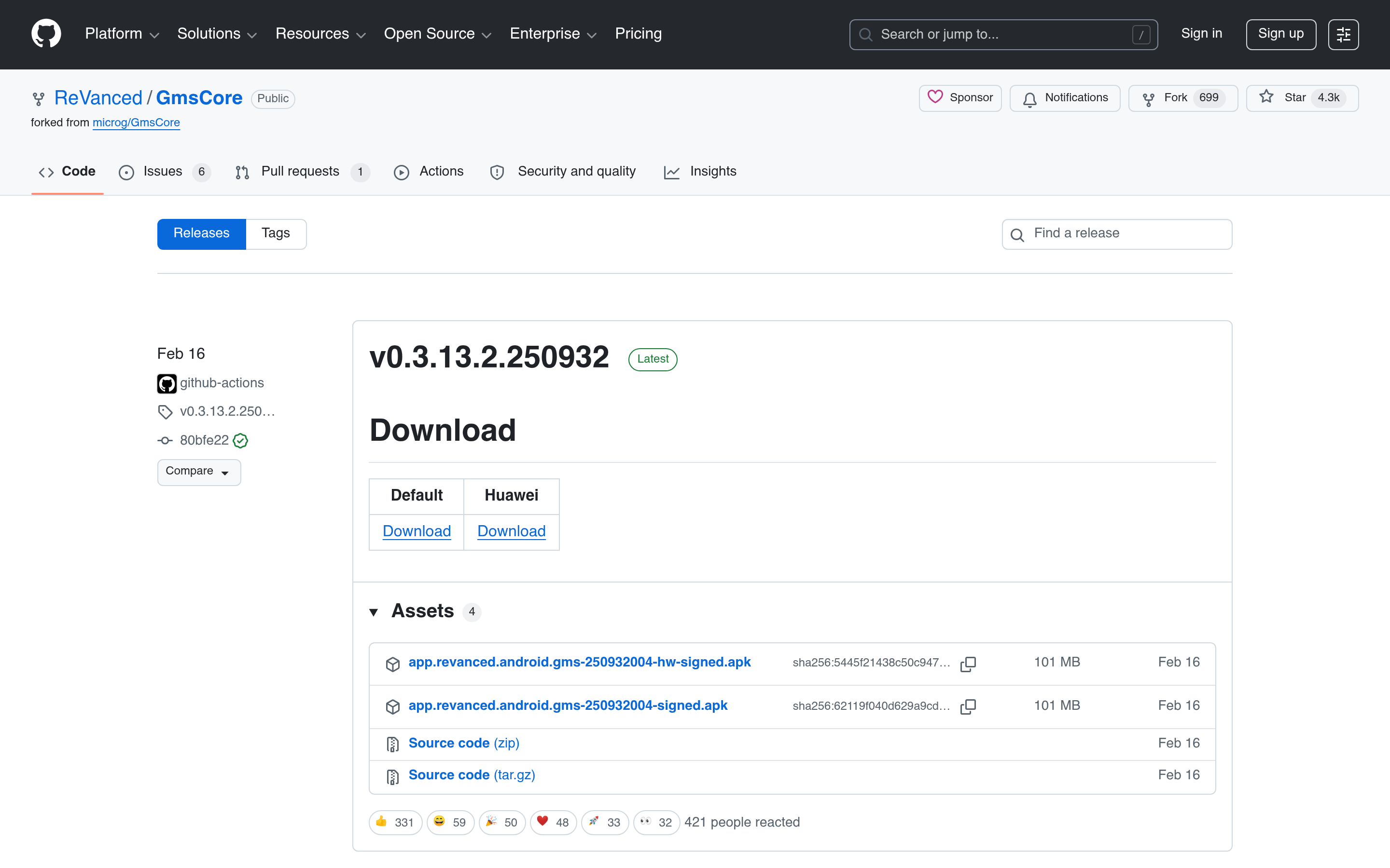 Releases · ReVanced/GmsCore · GitHub 介面截圖