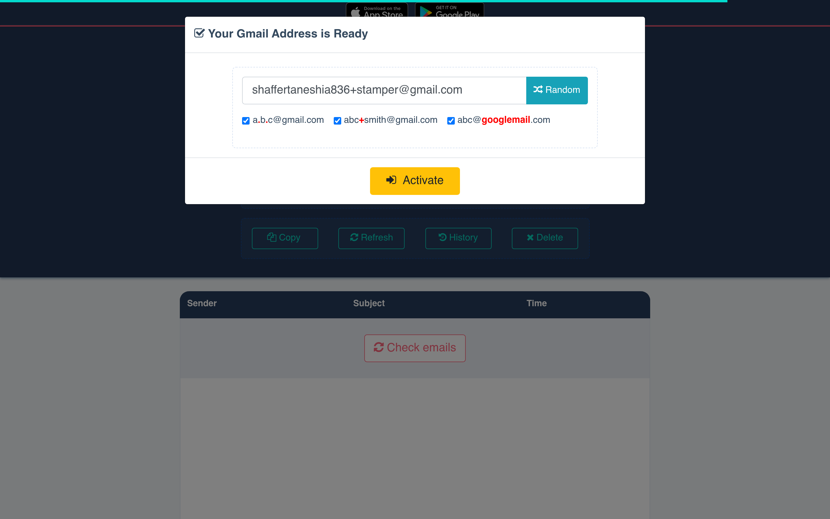EmailTick - Temp Gmail, Temporary Gmail Account, Temp Mail Gmail 介面截圖