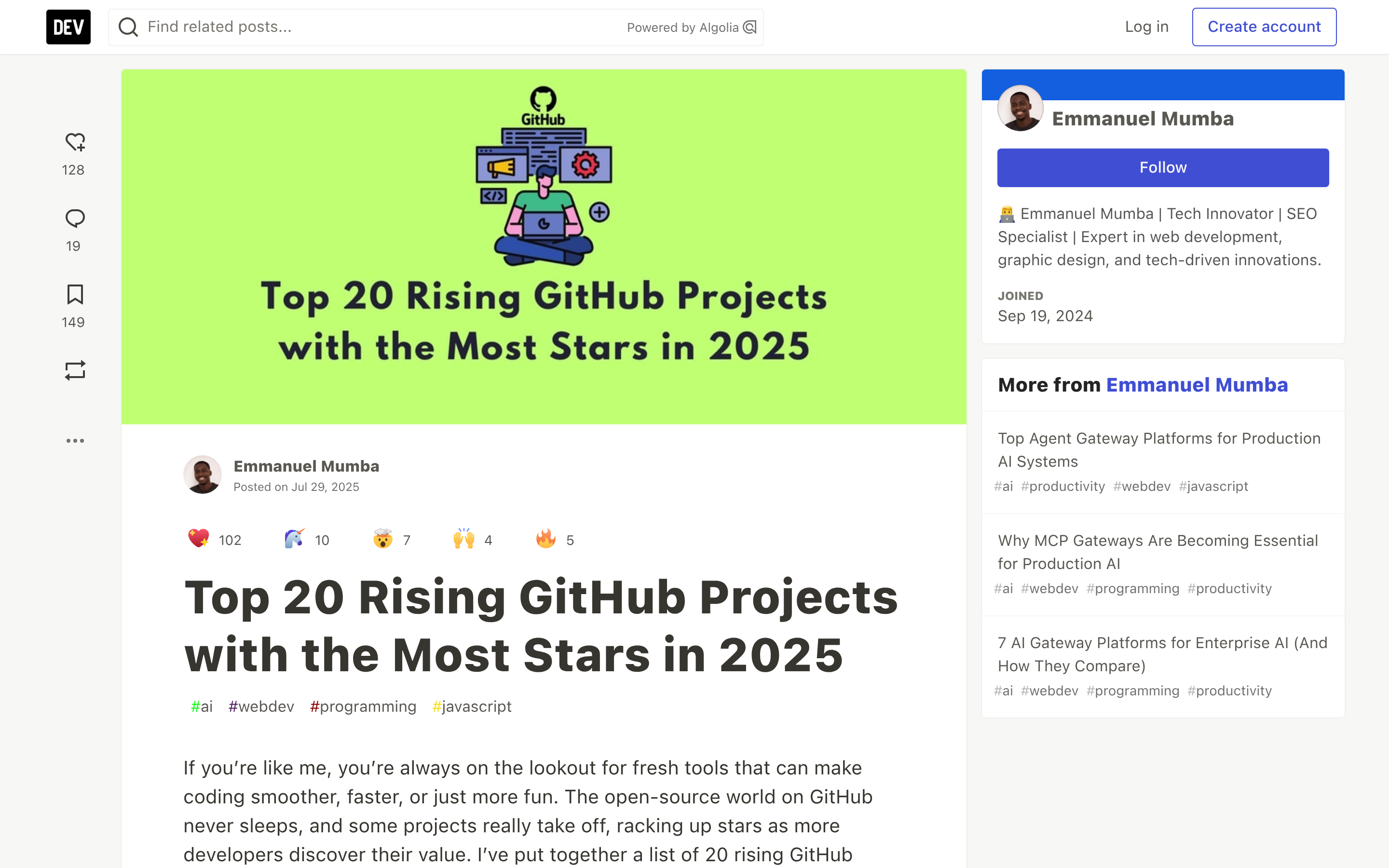 Top 20 Rising GitHub Projects with the Most Stars in 2025 - DEV Community 介面截圖