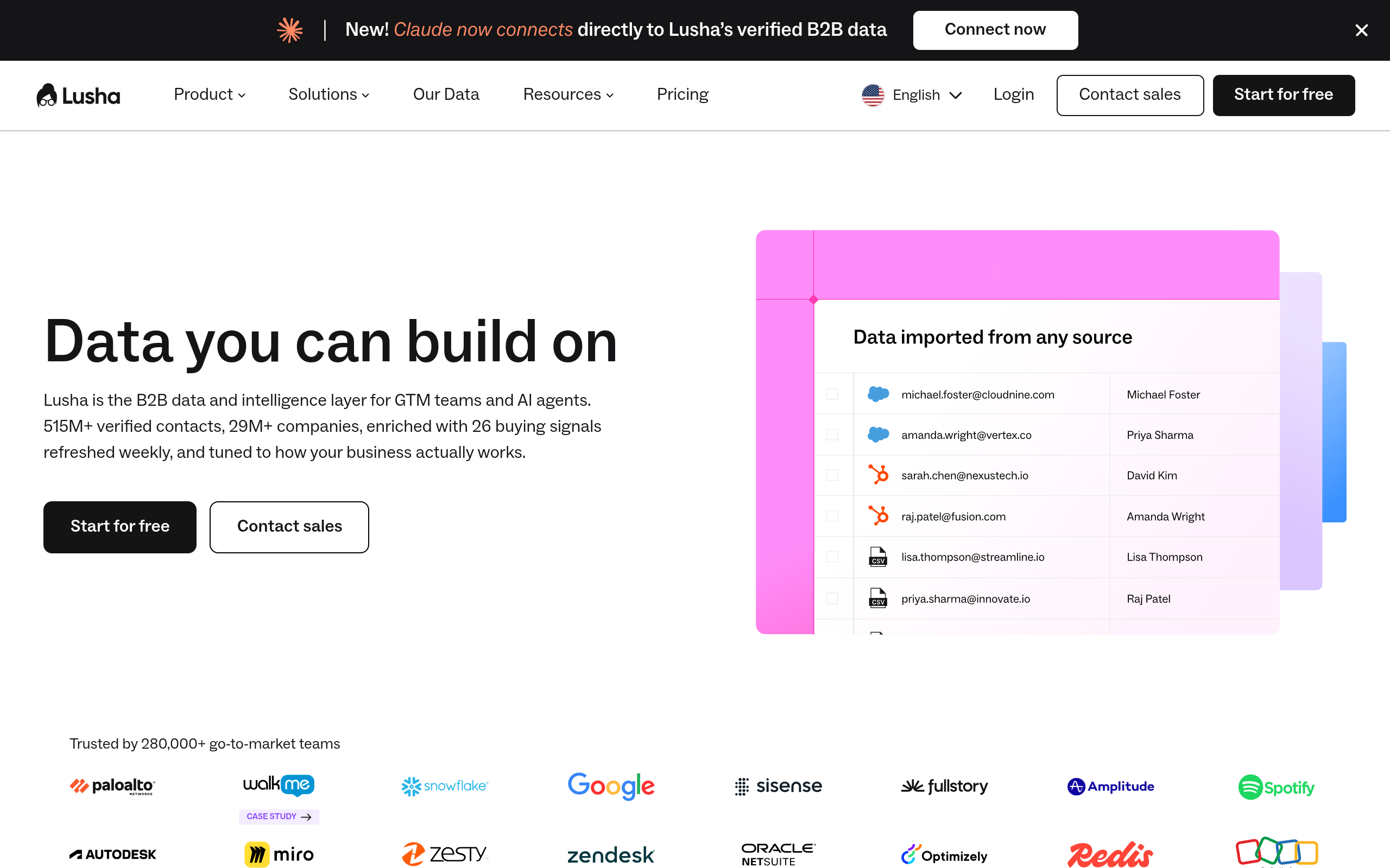 Screenshot of the Lusha homepage