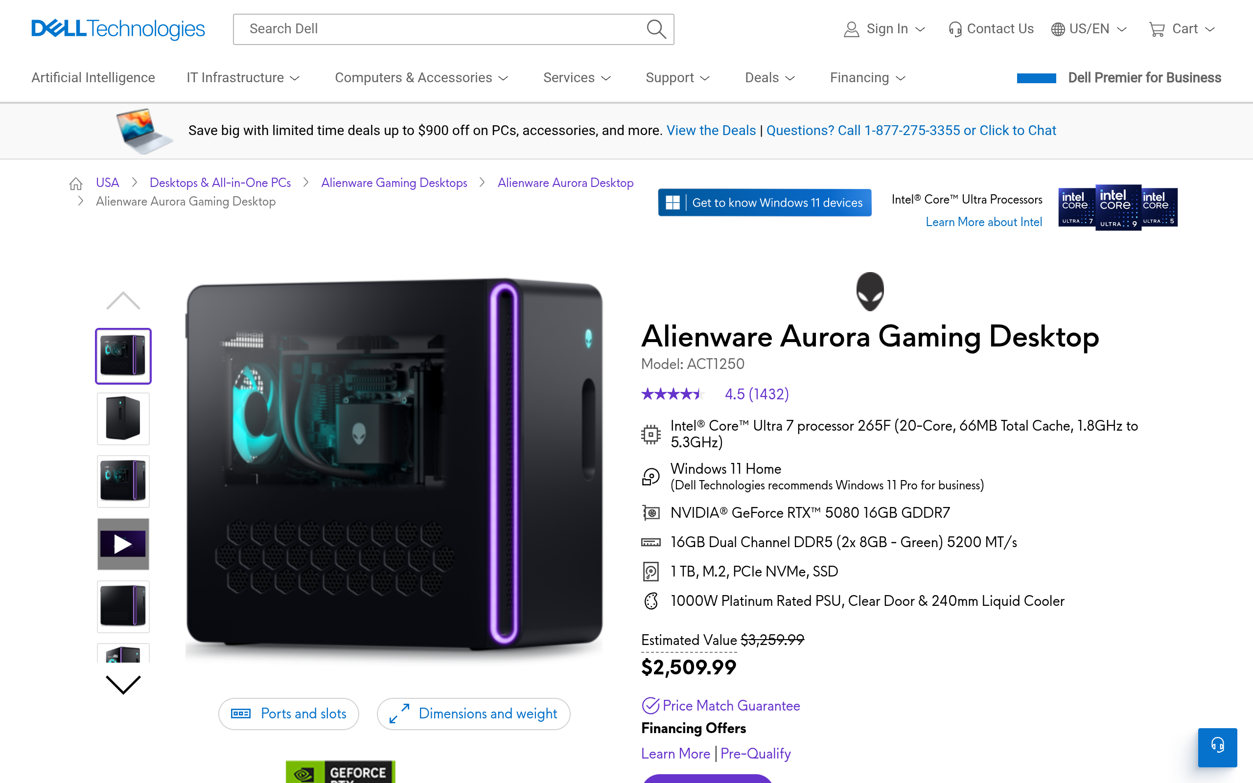 Alienware Aurora R16 Intel Core Ultra 7 265F Gaming Desktop w/ NVIDIA RTX 5080 09.99