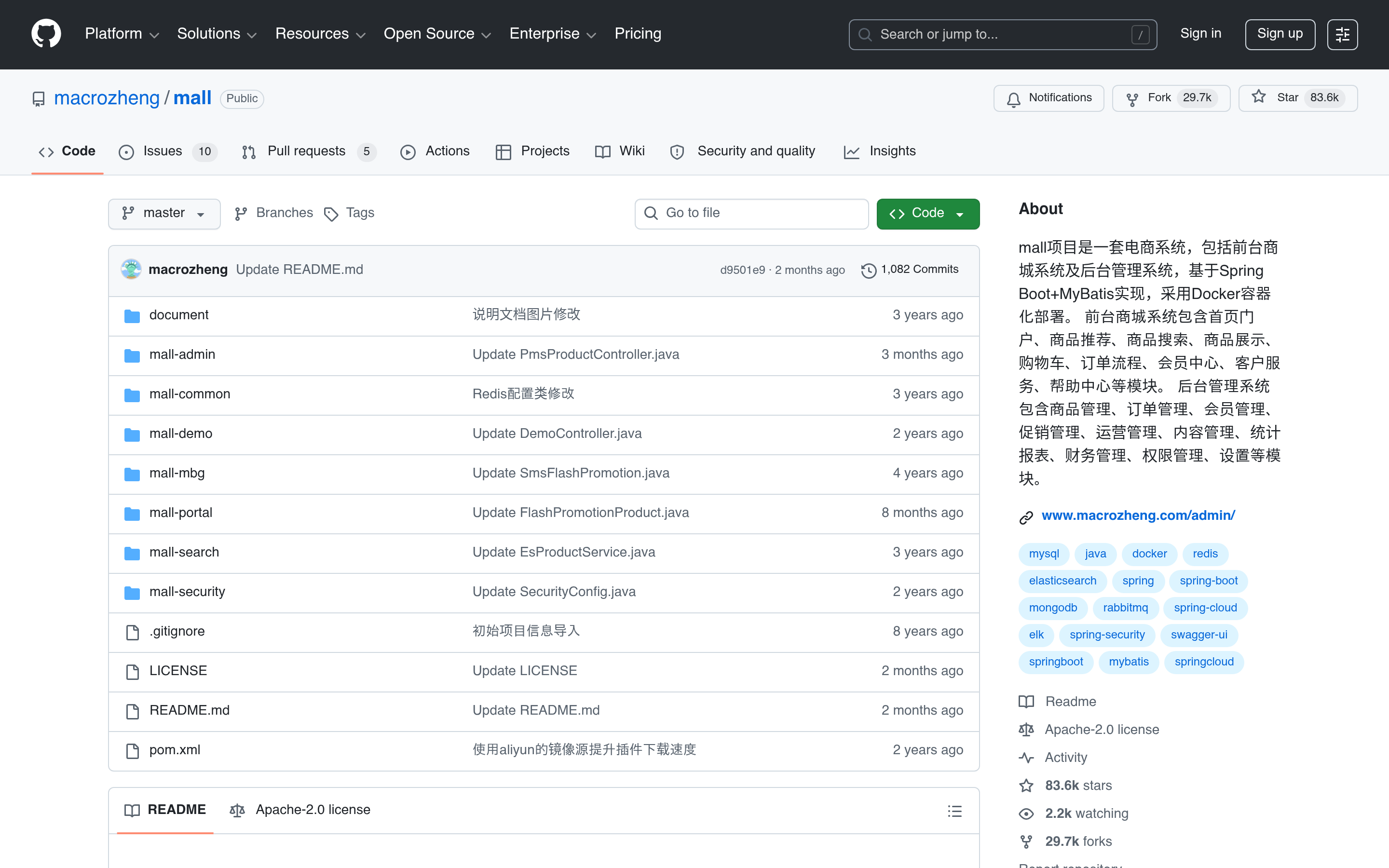 GitHub - macrozheng/mall: mall项目是一套电商系统，包括前台商城系统及后台管理系统，基于Spring Boot+MyBatis实现，采用Docker容器化部署。 前台商城系统包含首页门户、商品推荐、商品搜索、商品展示、购物车、订单流程、会员中心、客户服务、帮助中心等模块。 后台管理系统包含商品管理、订单管理、会员管理、促销管理、运营管理、内容管理、统计报表、财务管理、权限管理、设置等模块。 · GitHub 介面截圖