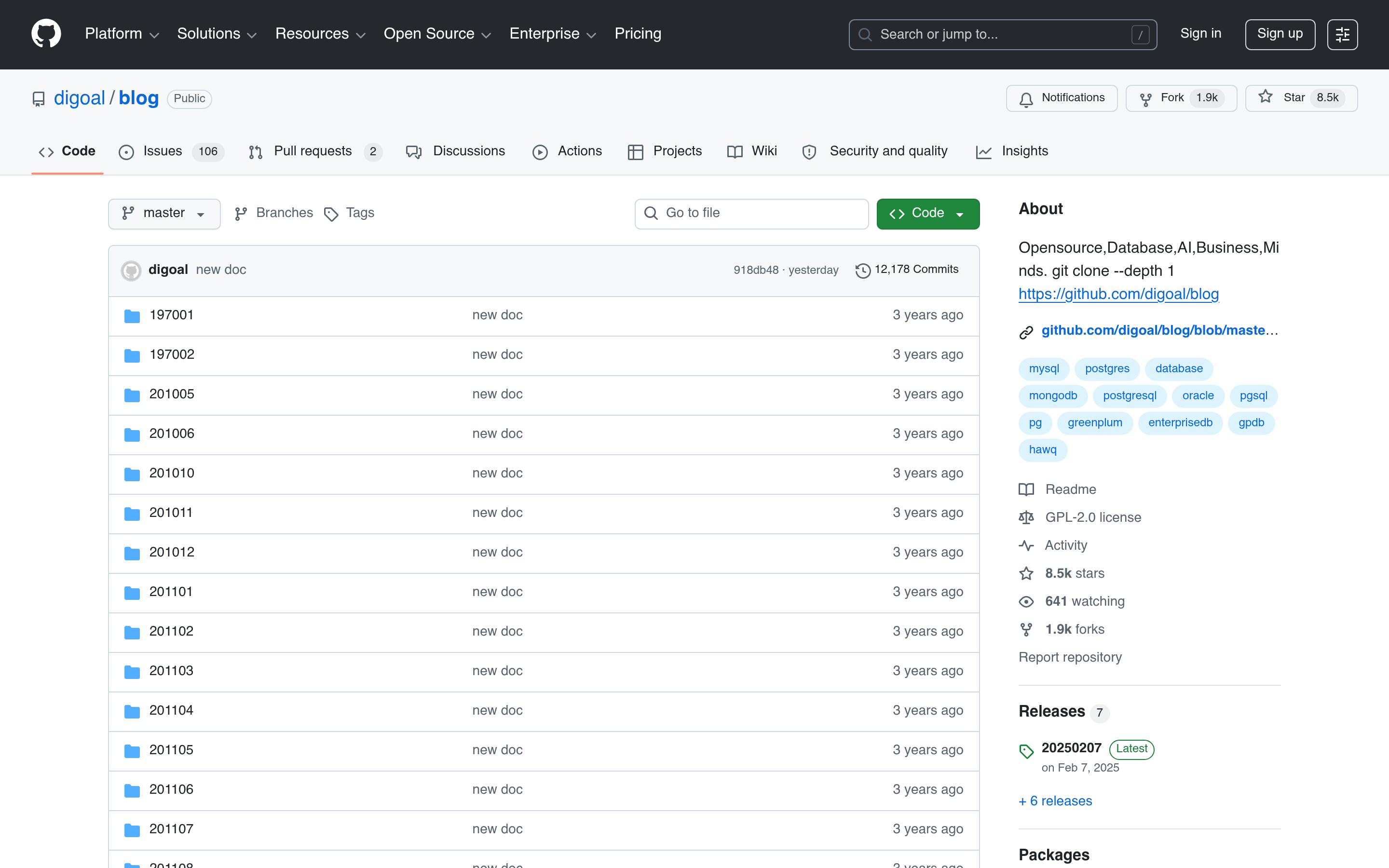 GitHub - digoal/blog: Opensource,Database,AI,Business,Minds. git clone --depth 1 https://github.com/digoal/blog · GitHub 介面截圖