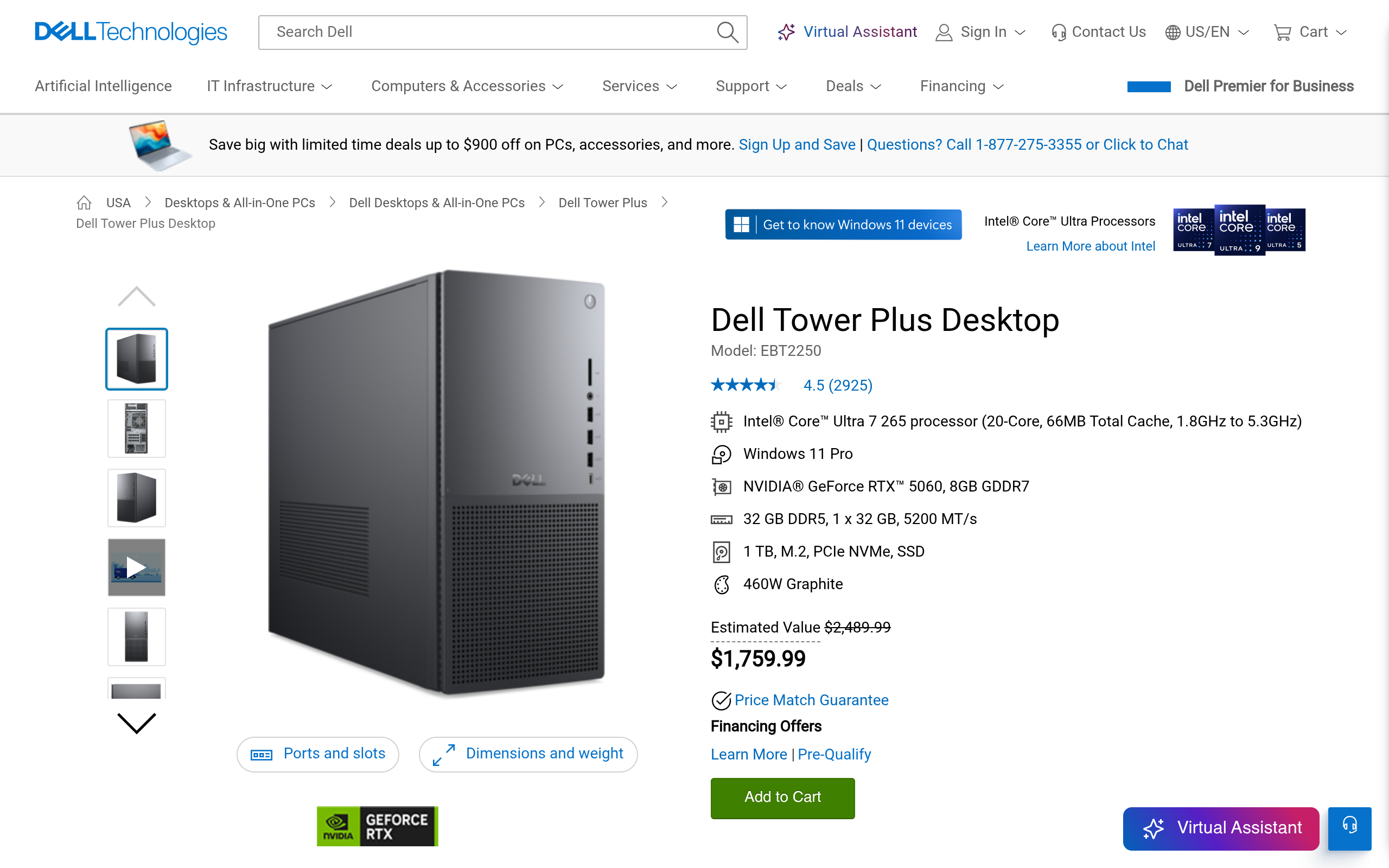 Dell Tower Plus Intel Core Ultra 7 265 Desktop w/ NVIDIA RTX 5060 59.99