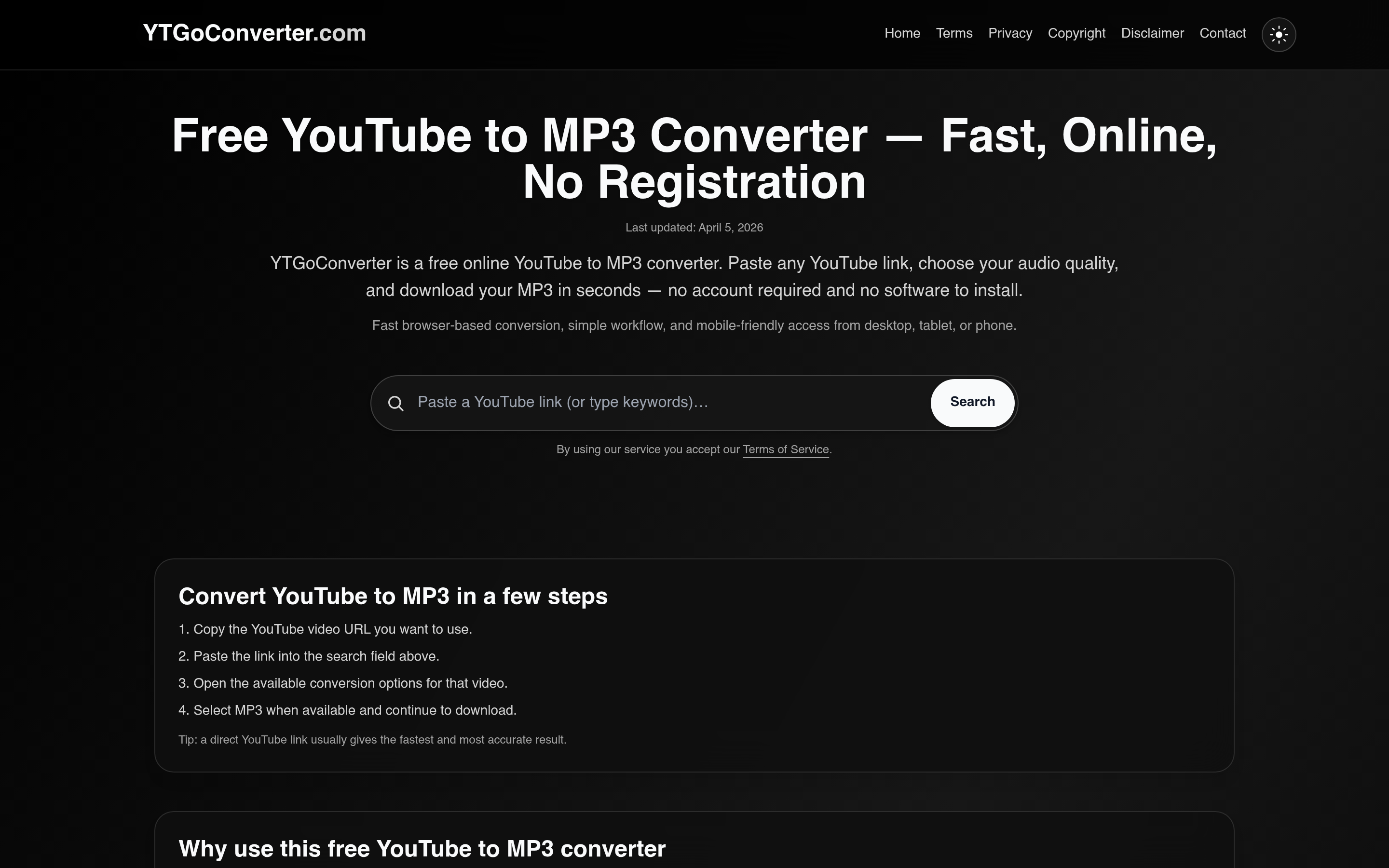 YouTube to MP3 Converter – Free, Fast, No Login | YTGoConverter 介面截圖
