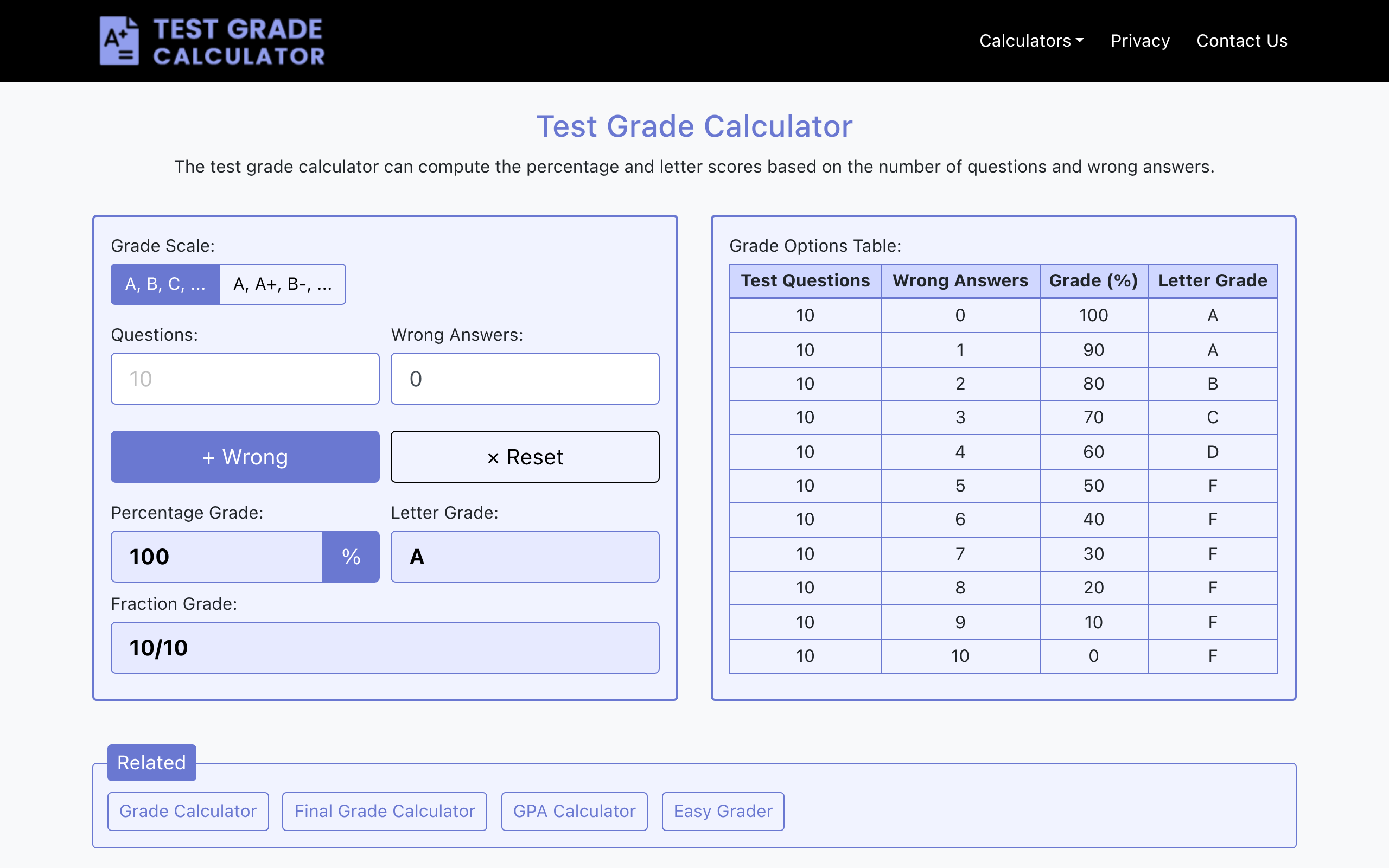 Screenshot of testgradecalculator.com