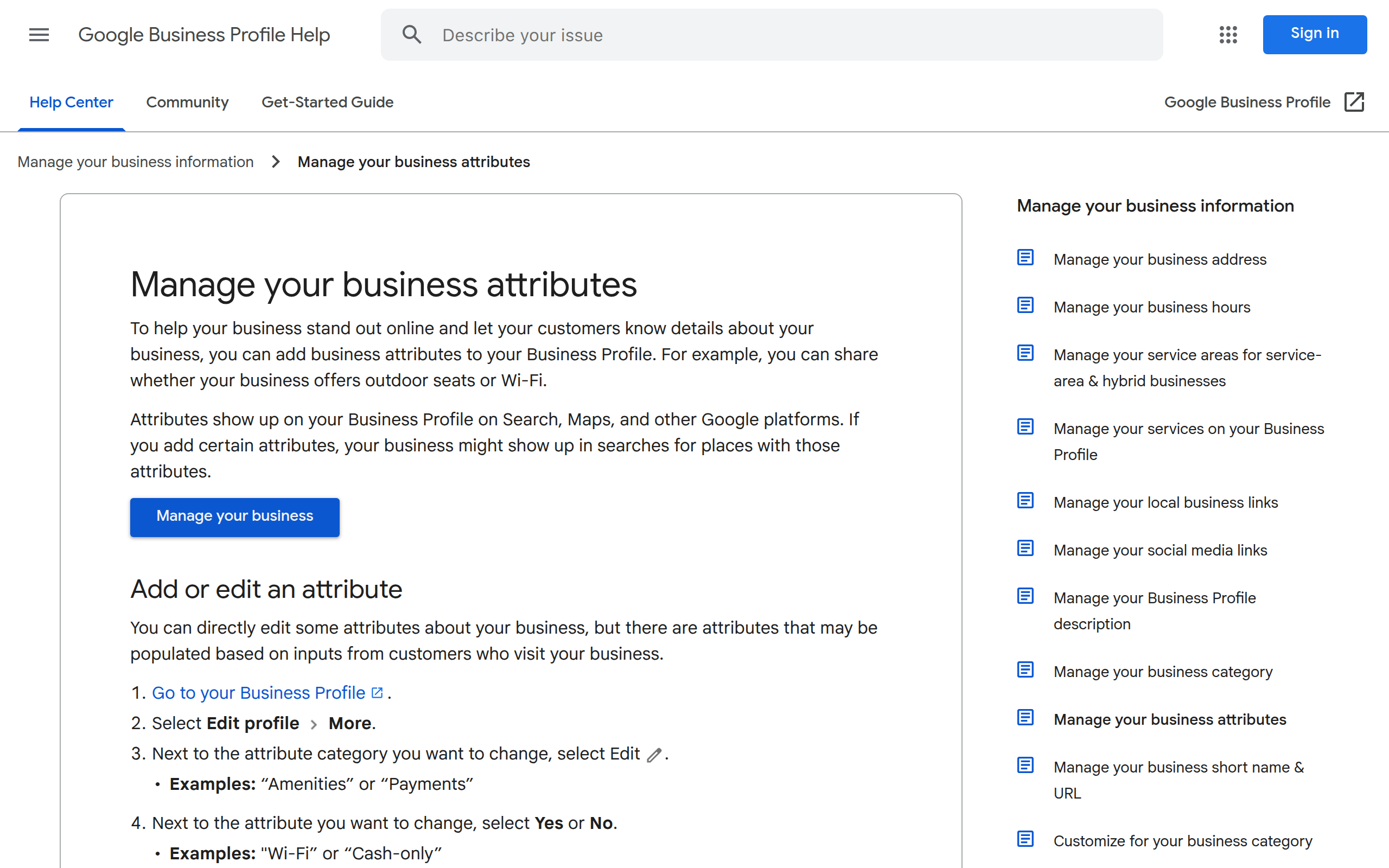 Add attributes to your business listing Screenshot