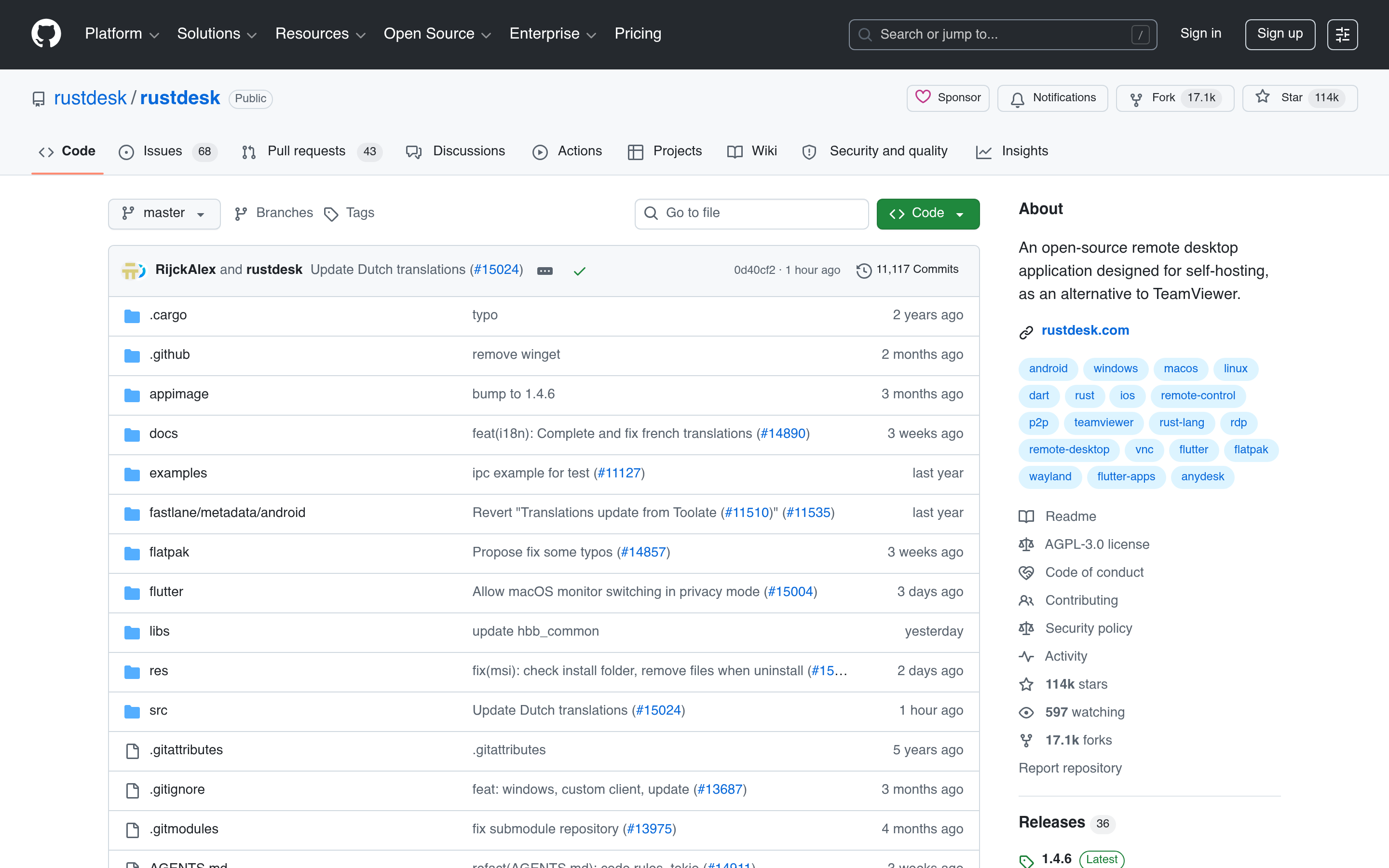 GitHub - rustdesk/rustdesk: An open-source remote desktop application designed for self-hosting, as an alternative to TeamViewer. · GitHub 介面截圖
