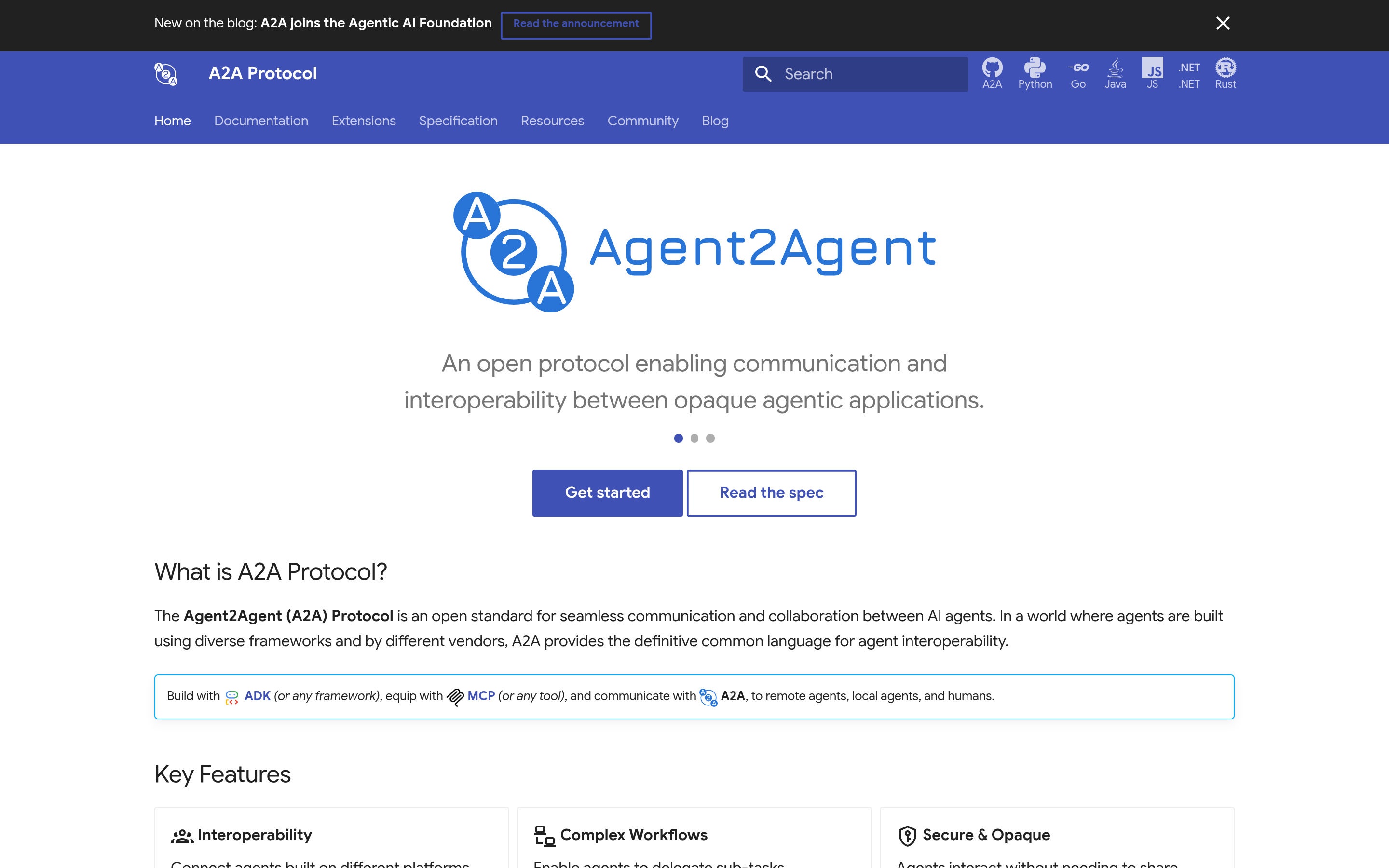 The A2A Protocol project documentation homepage
