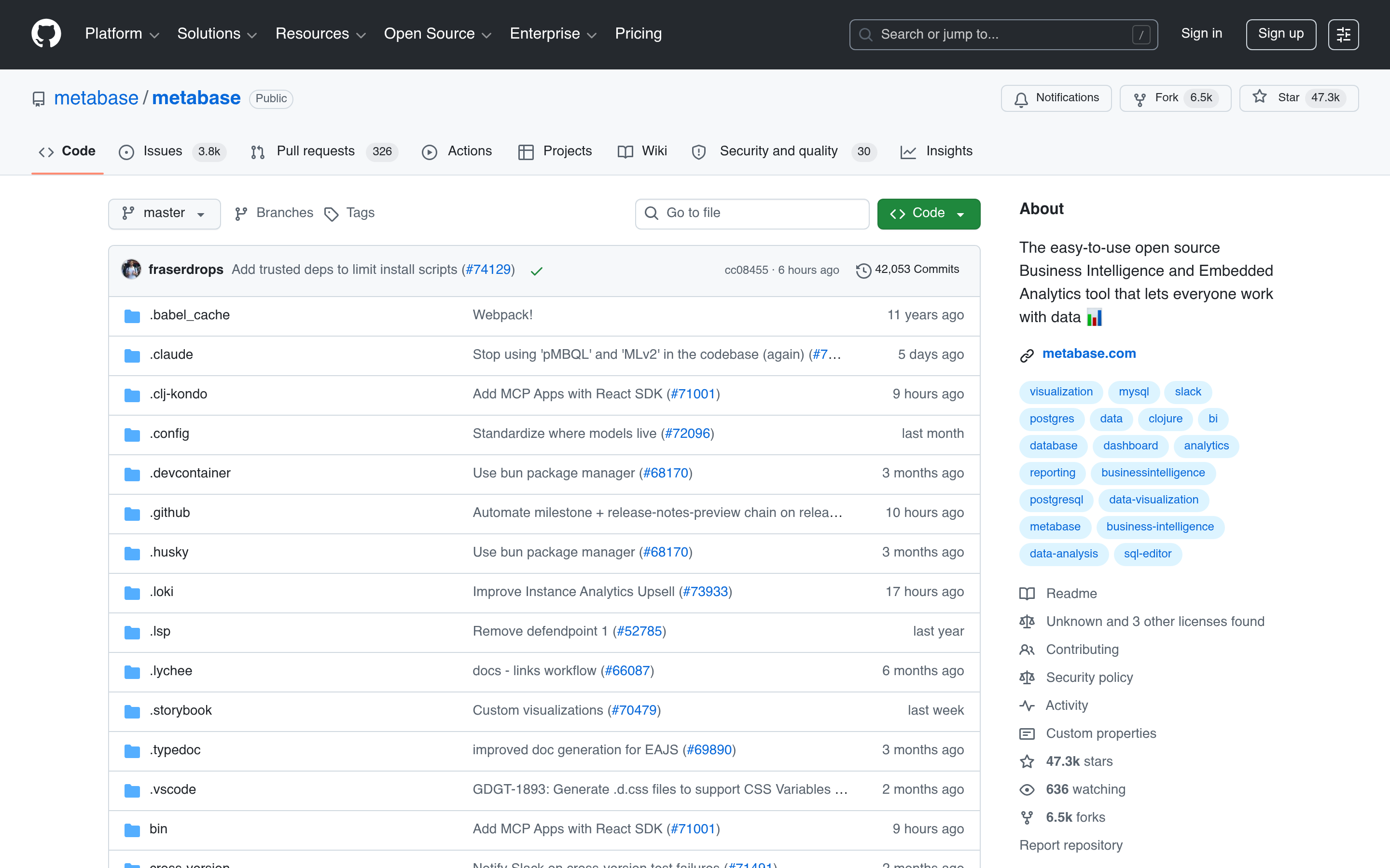 GitHub - metabase/metabase: The easy-to-use open source Business Intelligence and Embedded Analytics tool that lets everyone work with data :bar_chart: · GitHub 介面截圖