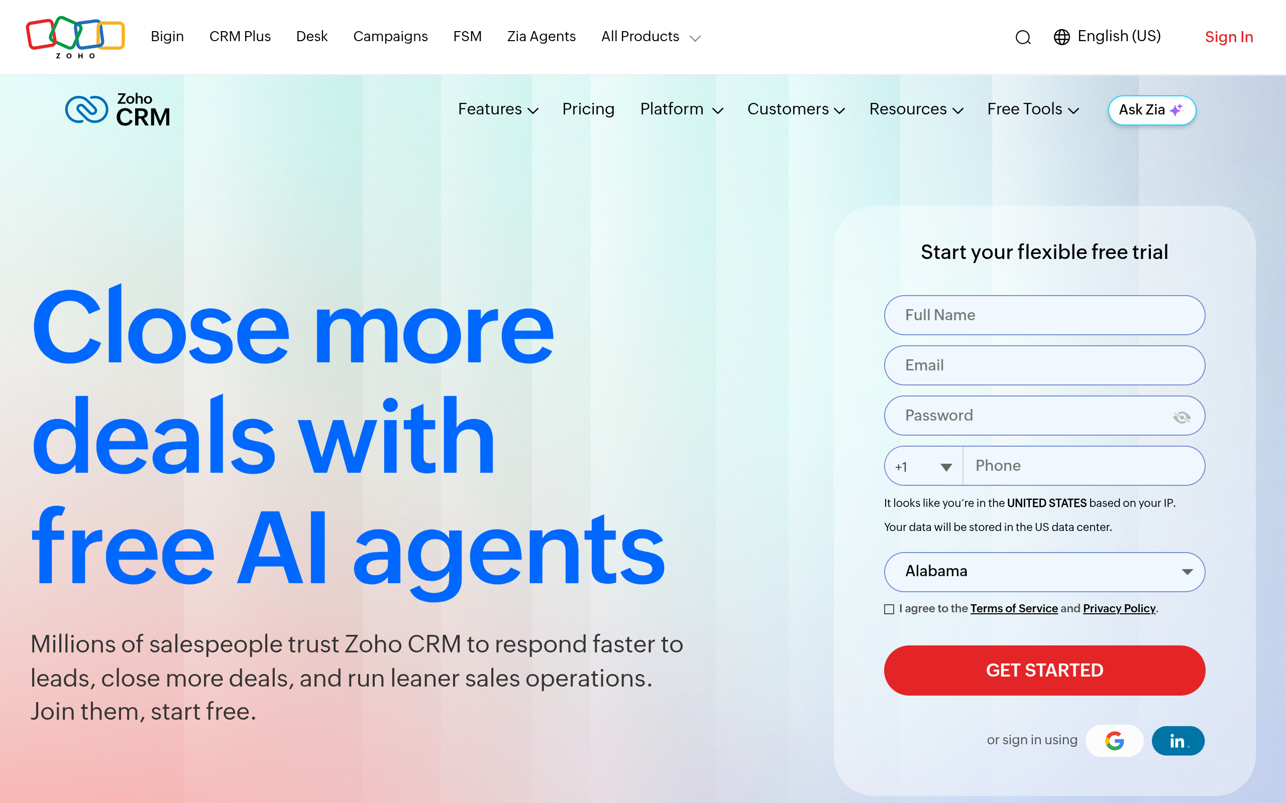 Screenshot of the Zoho CRM homepage
