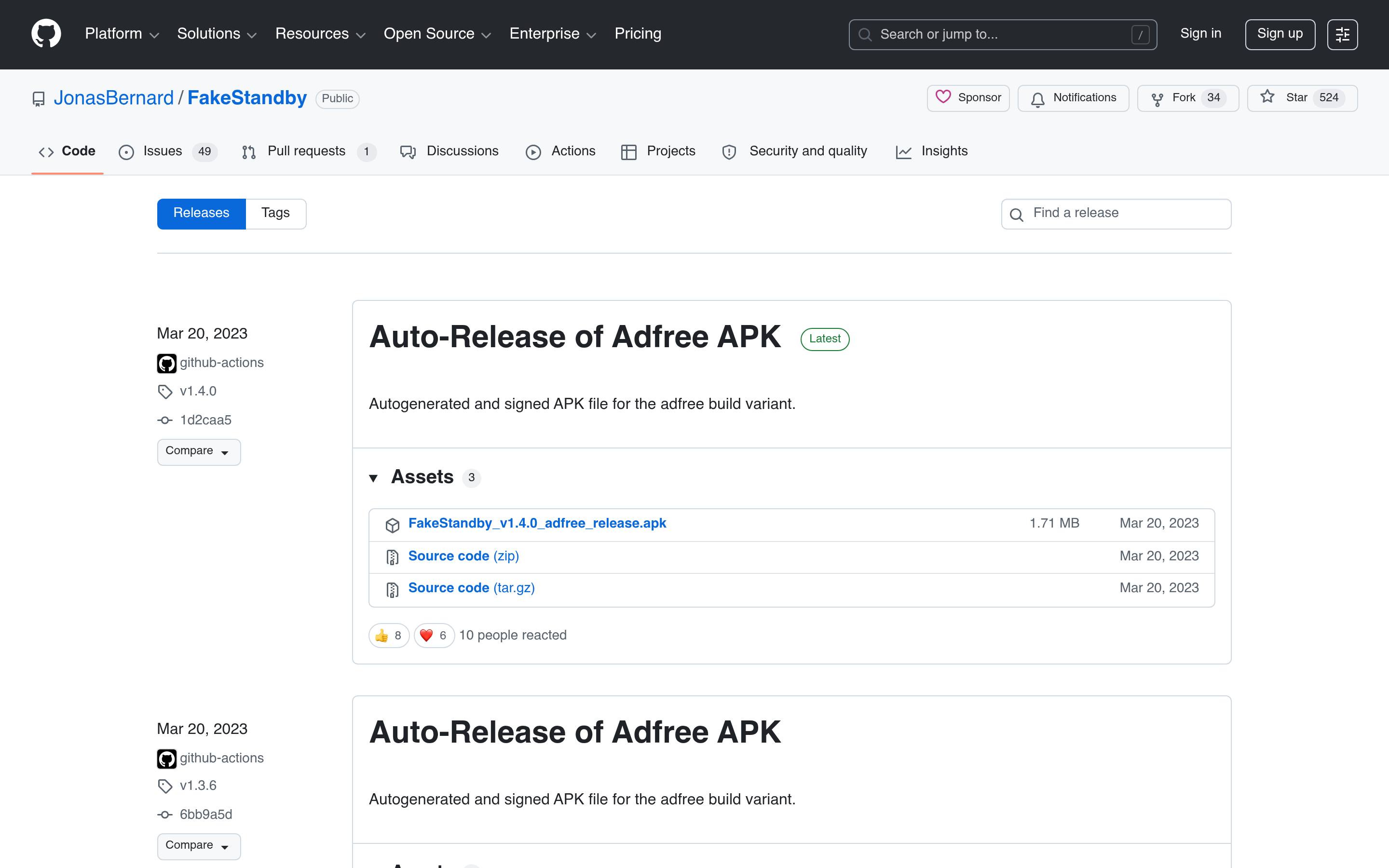 Releases · JonasBernard/FakeStandby · GitHub 介面截圖