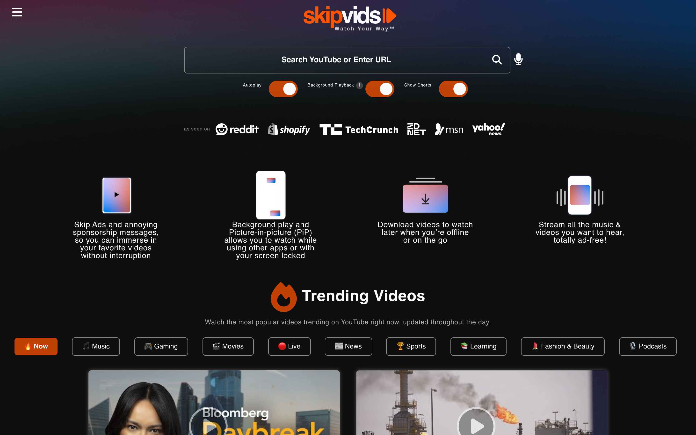 SkipVids - Watch YouTube Videos Without Interruptions | Background Playback 介面截圖