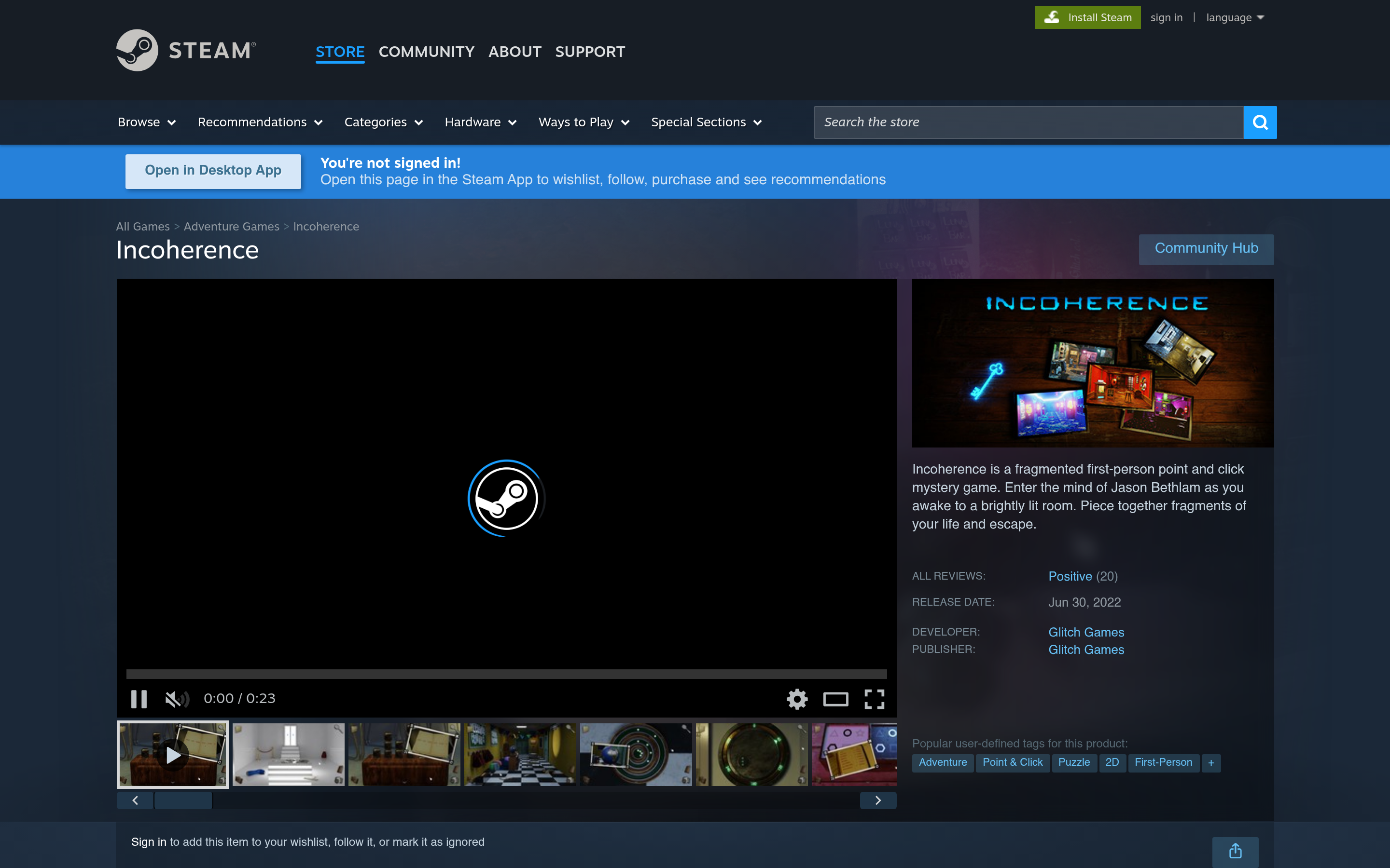 Steam 上的 Incoherence 介面截圖