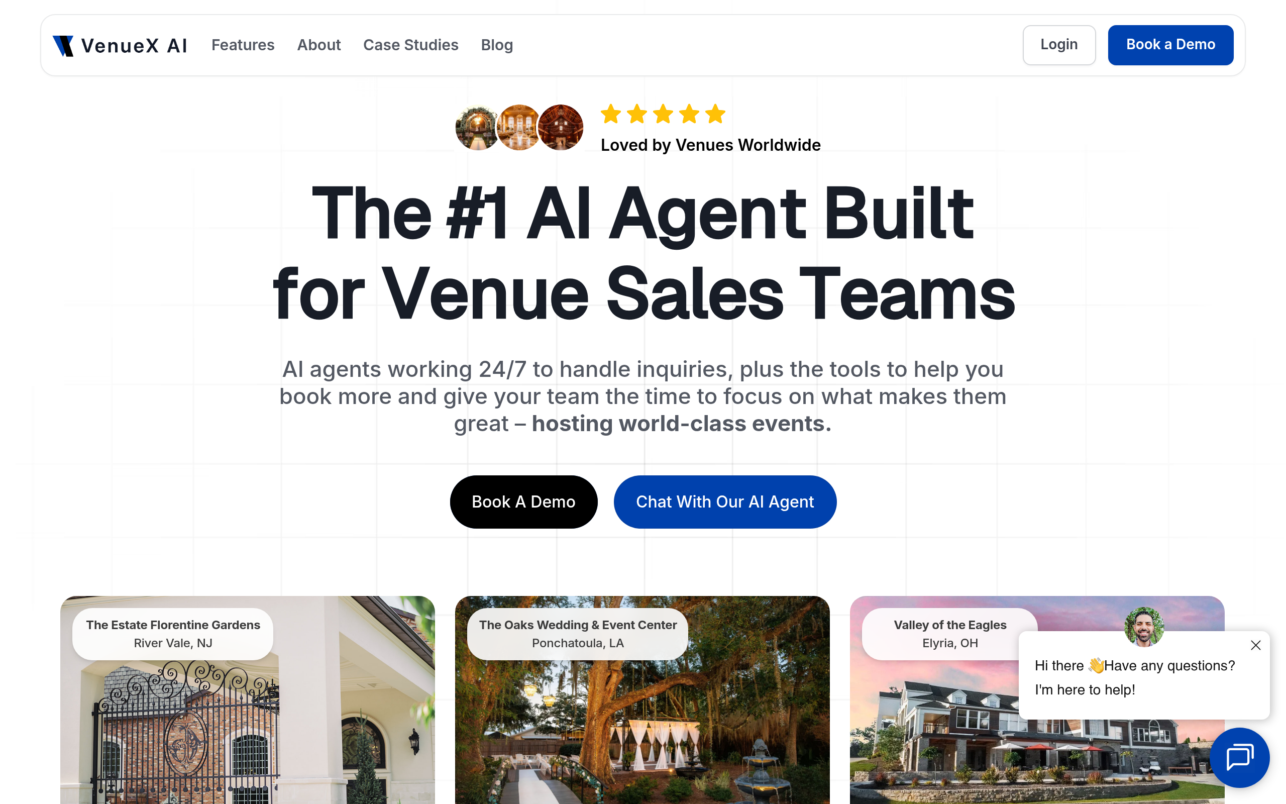 Screen capture of the VenueX AI Sales Agent website
