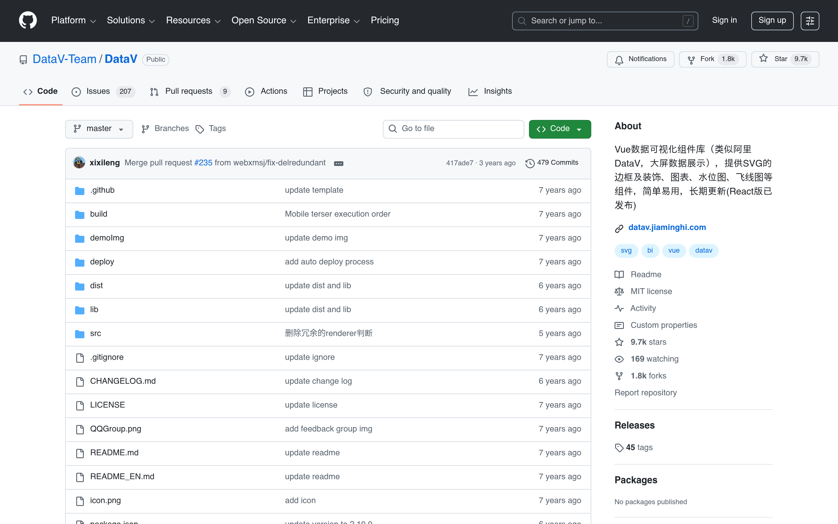 GitHub - DataV-Team/DataV: Vue數據可视化组件库(类似阿里DataV,大屏数据展示),提供SVG的边框及装饰、图表、水位图、飞线图等组件,简单易用,长期更新(React版已发布) · GitHub 介面截圖