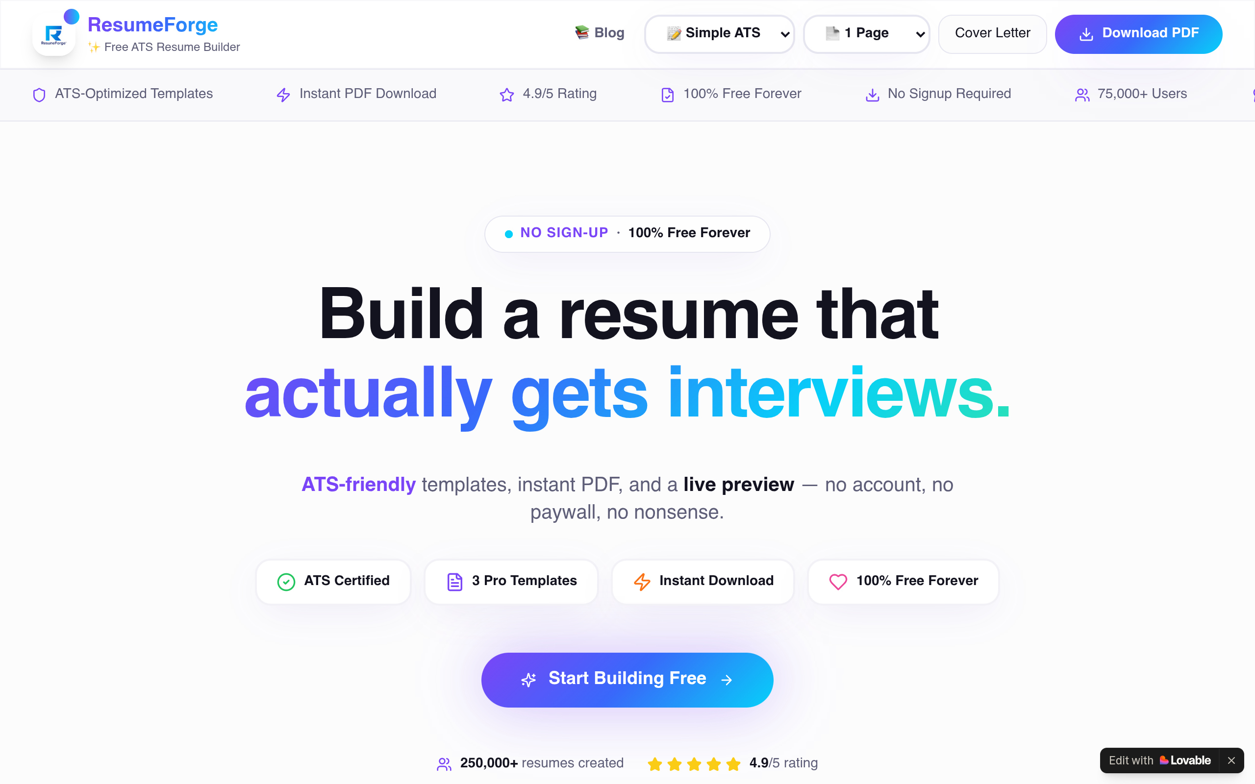 Screenshot of resumeforges.lovable.app